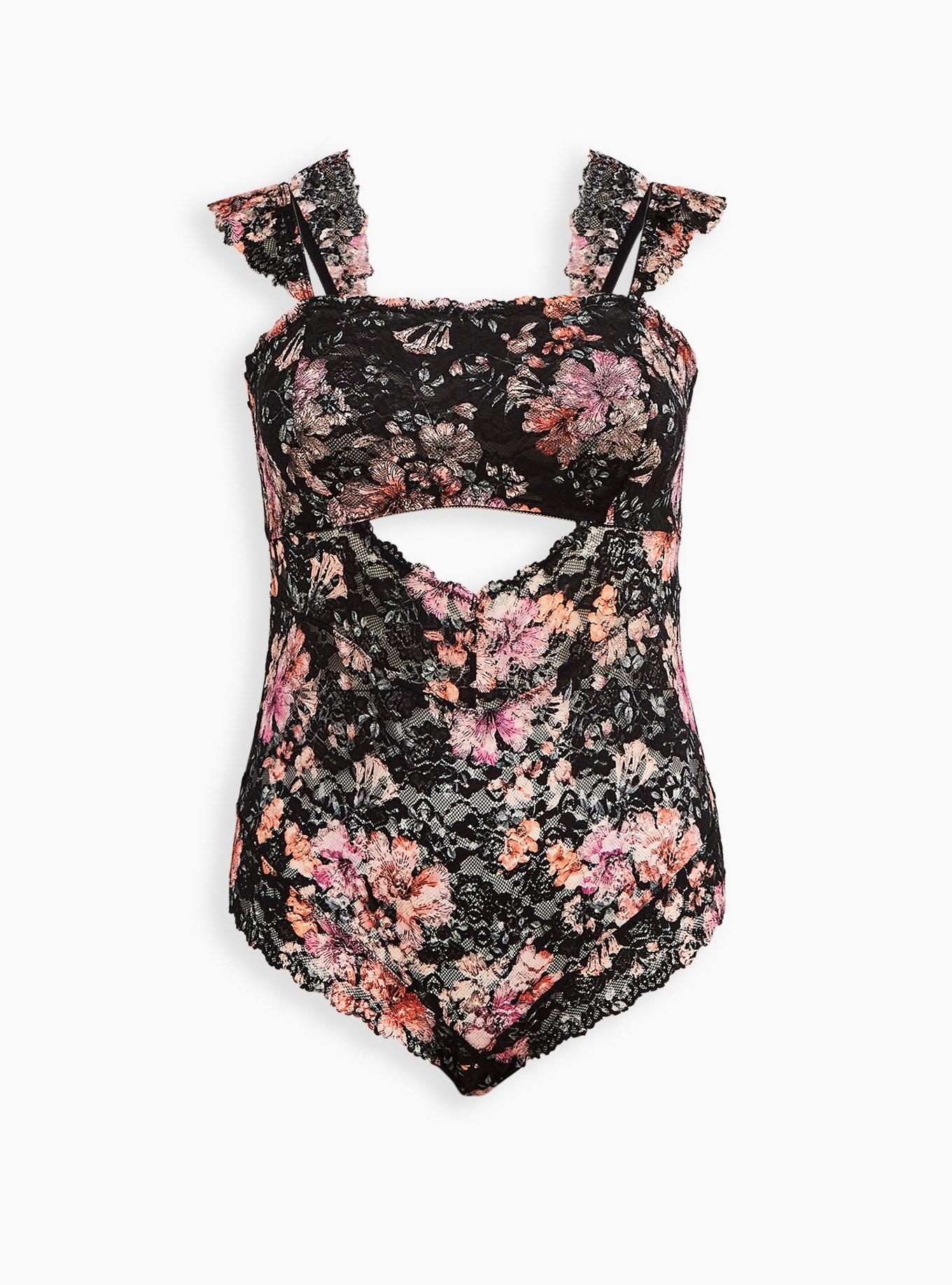 Plus Size Lace Front Cutout Bodysuit - Floral, , hi-res