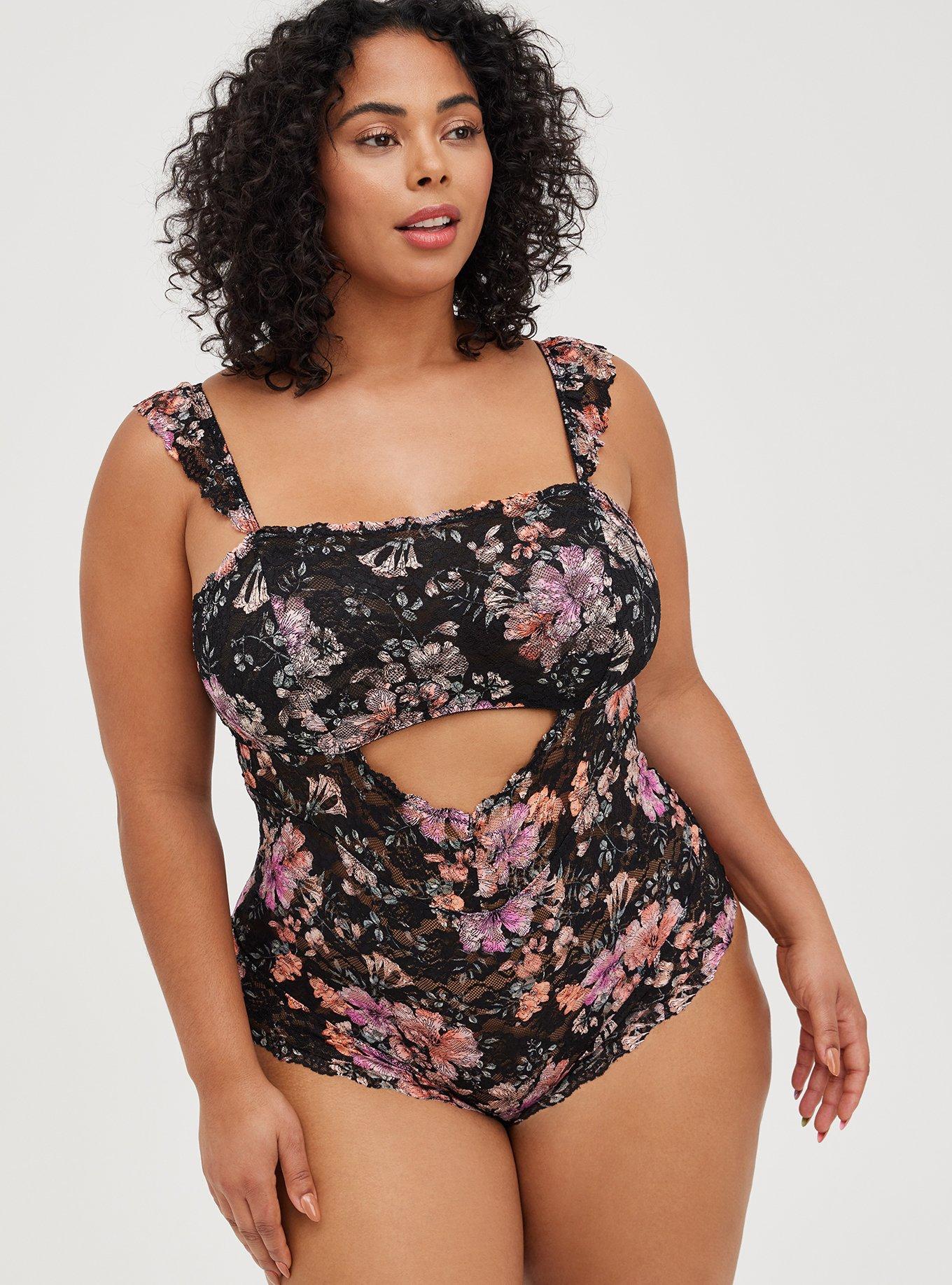 Plus Size Lace Front Cutout Bodysuit - Floral, , hi-res