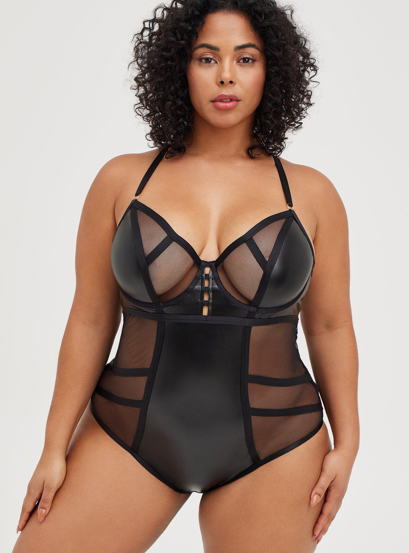 Black Lace Leatherette Bodysuit, Sheer Sexy Lingerie for Wedding