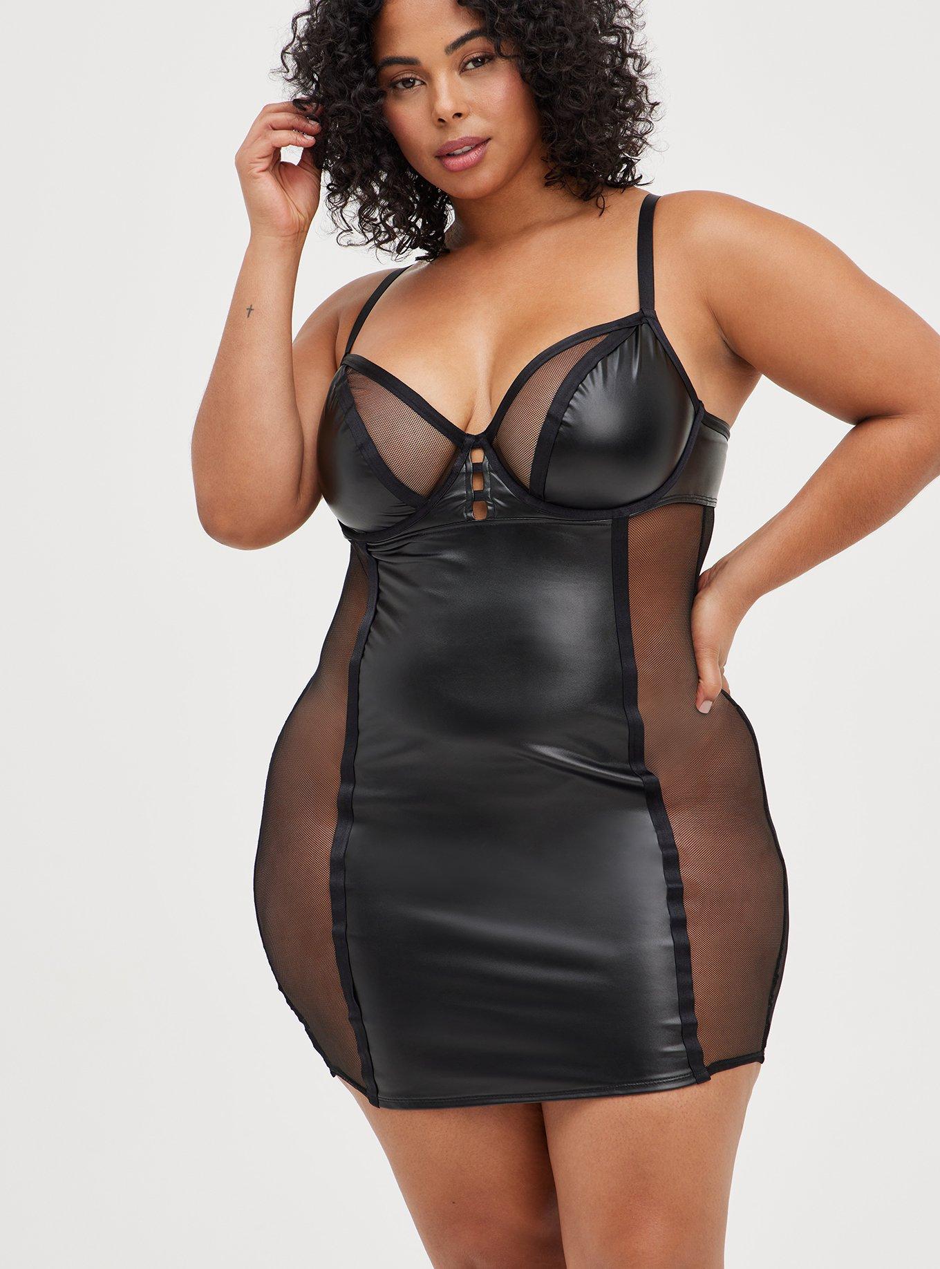 Underwire Chemise - Faux Leather & Mesh Black, , hi-res