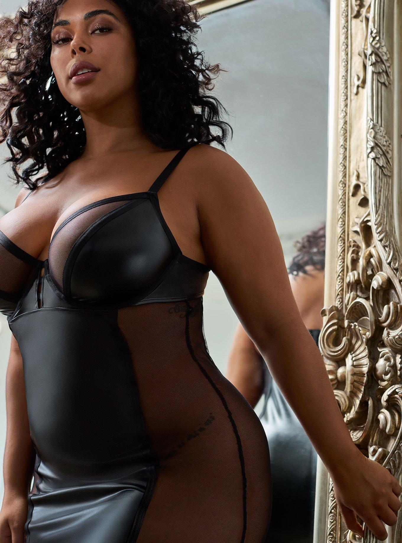 Underwire Chemise - Faux Leather & Mesh Black, , hi-res