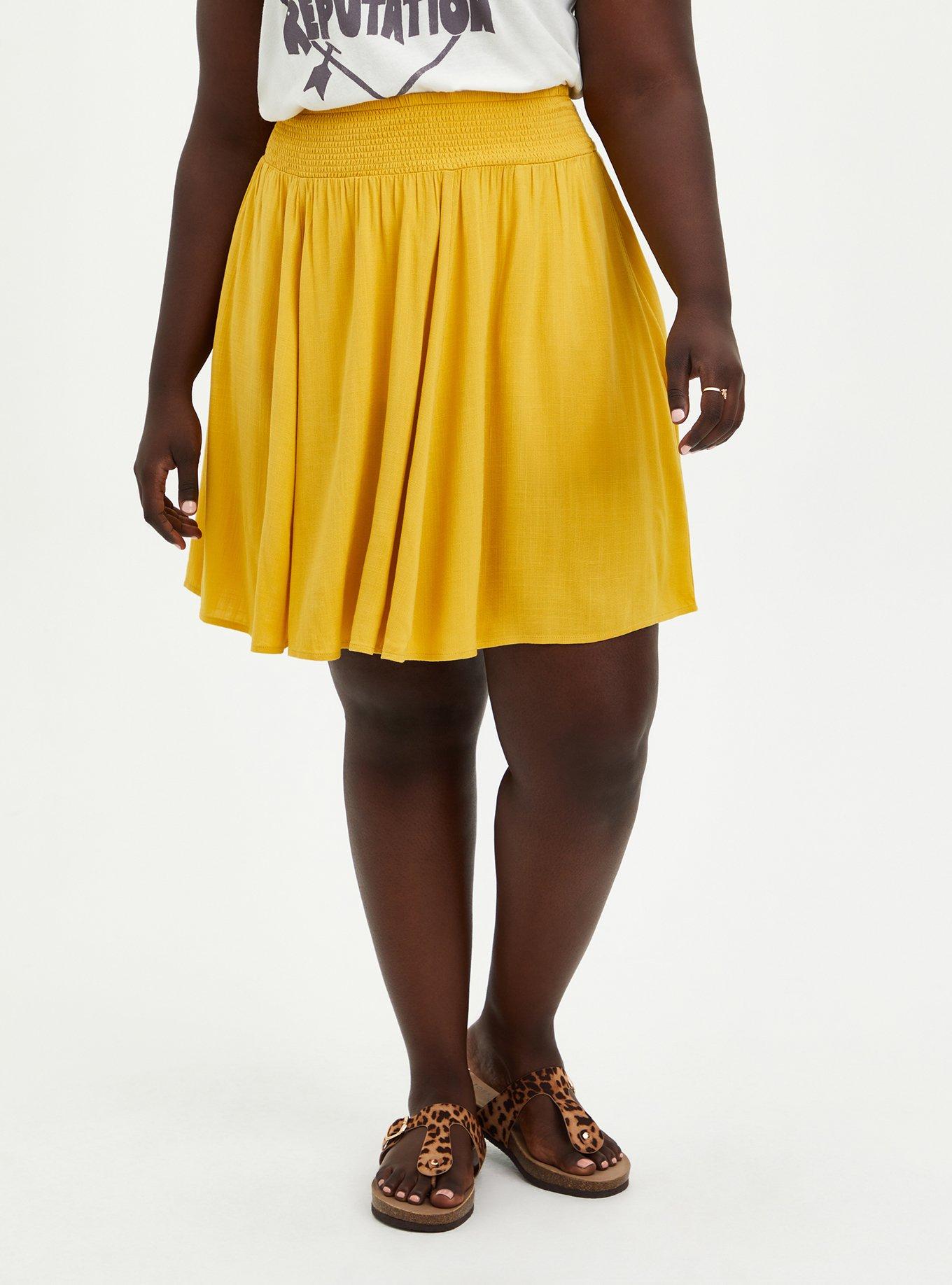 Plus Size - Yellow Woven Smock Skater Skirt -