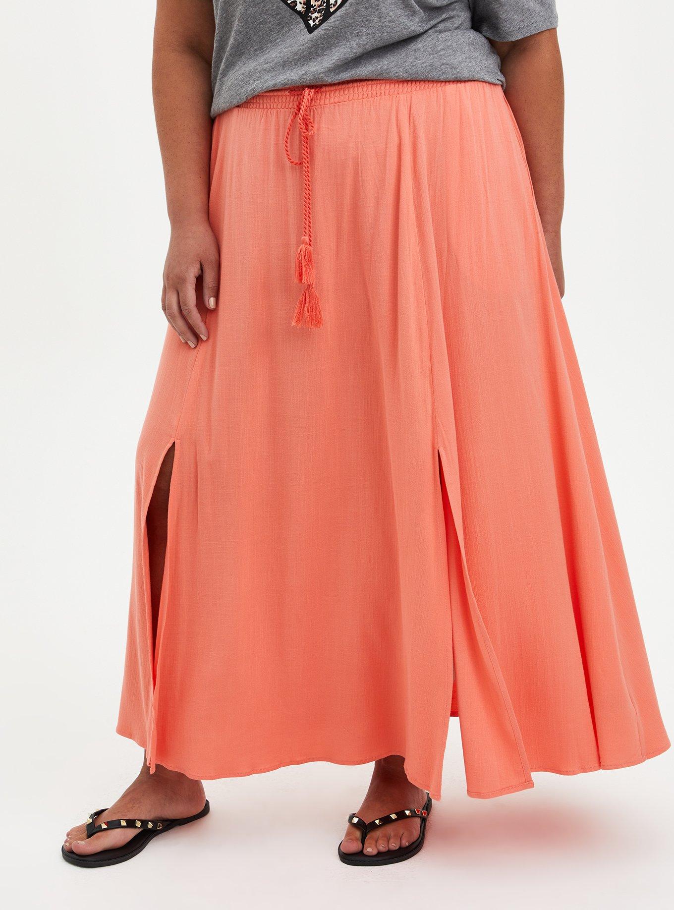 Slit Front Maxi Skirt -  Woven Rayon Coral, CORAL, hi-res