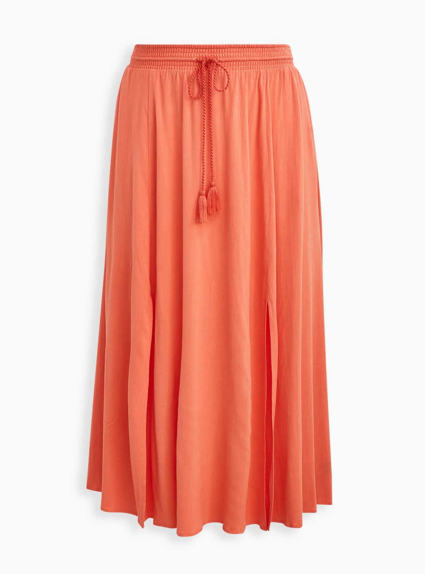 Slit Front Maxi Skirt -  Woven Rayon Coral, , hi-res