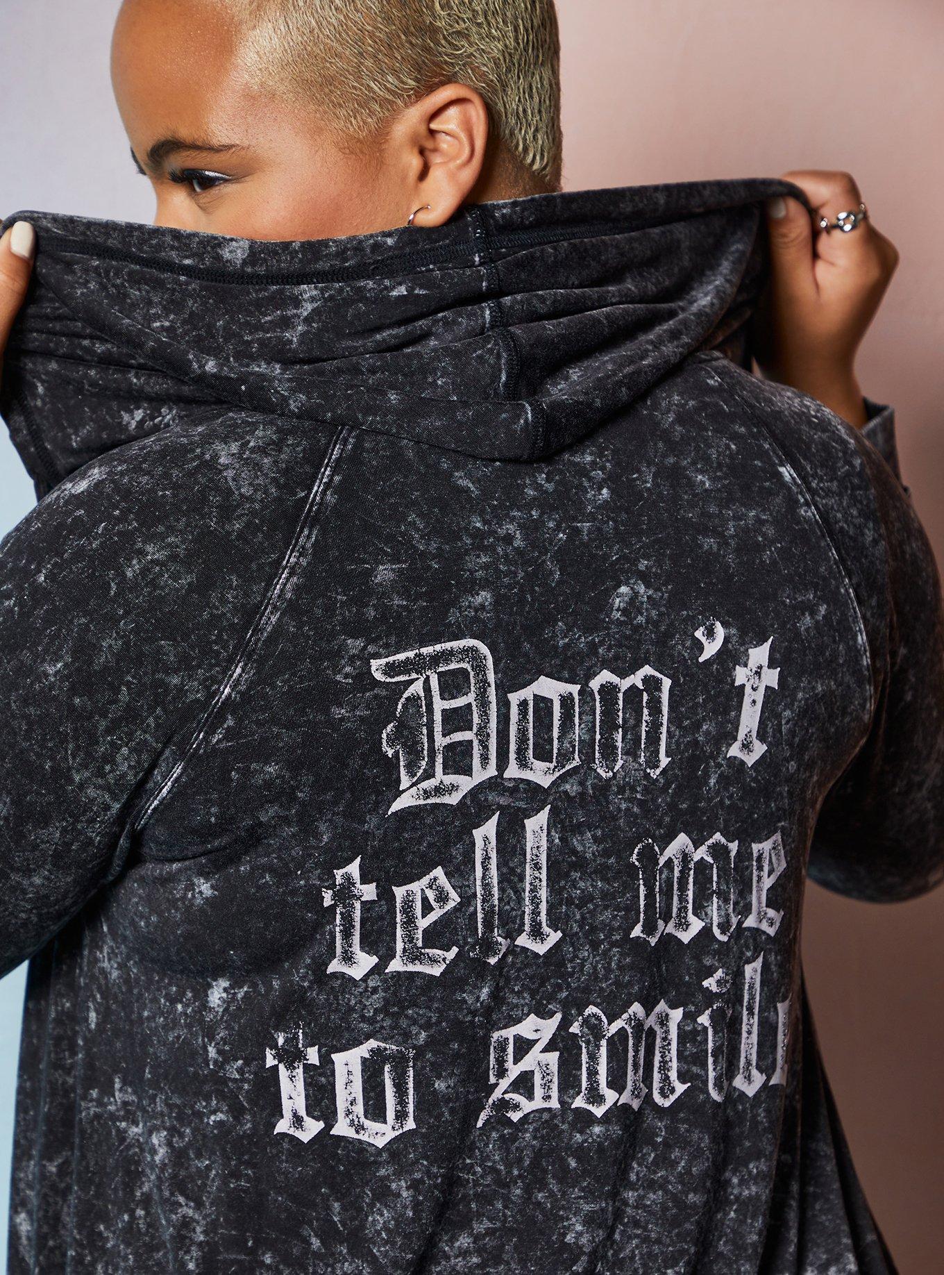 Plus Size LoveSick Don t Tell Me To Smile Black Mineral Wash Super Soft Zip Hoodie Torrid