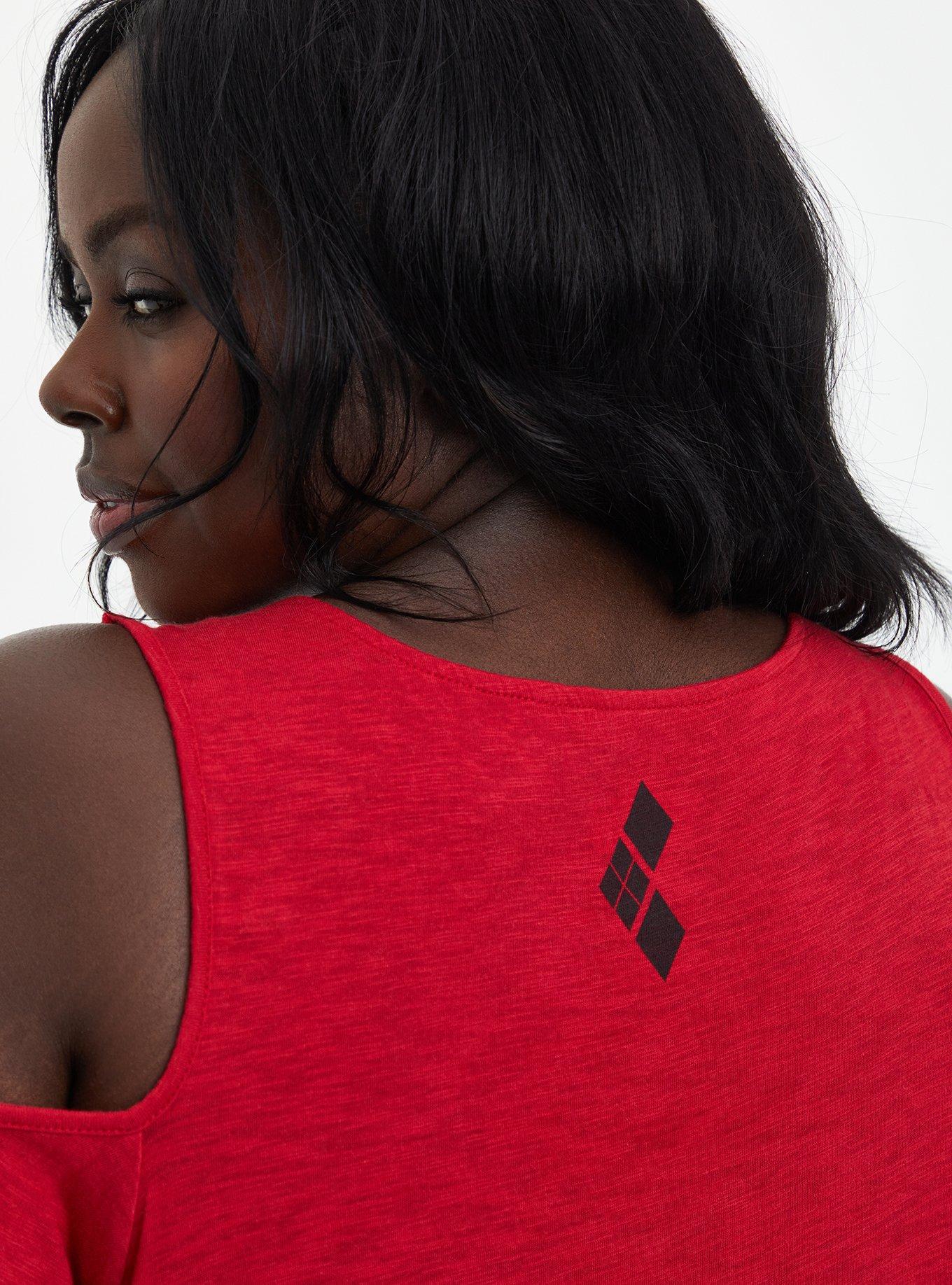 Plus Size DC Comics Suicide Squad Red Cold-Shoulder Asymmetrical Top, JESTER RED, alternate