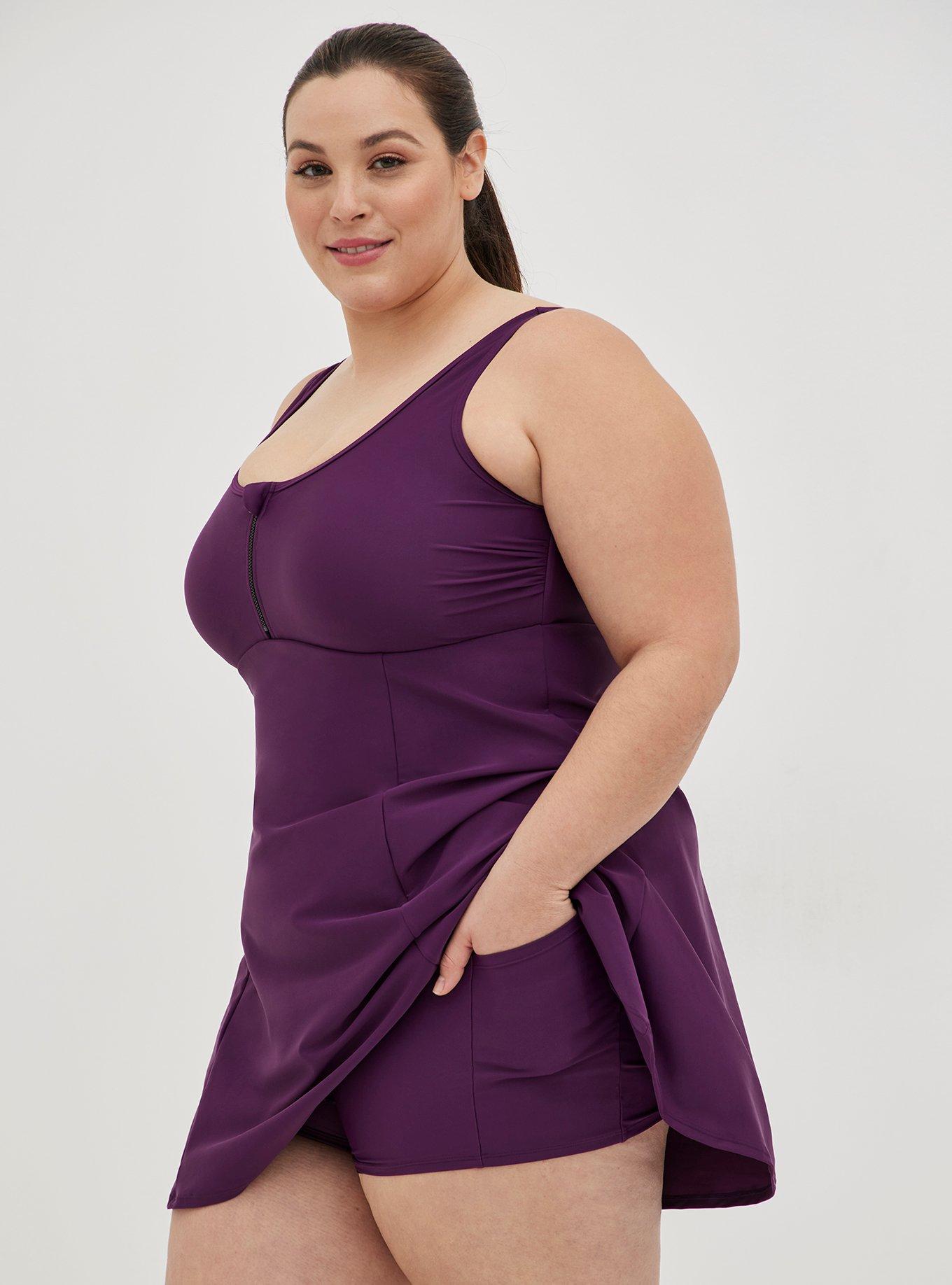 Plus Size Wireless Long Zip-Front Swim Dress With Short, PLUM PURPLE, alternate