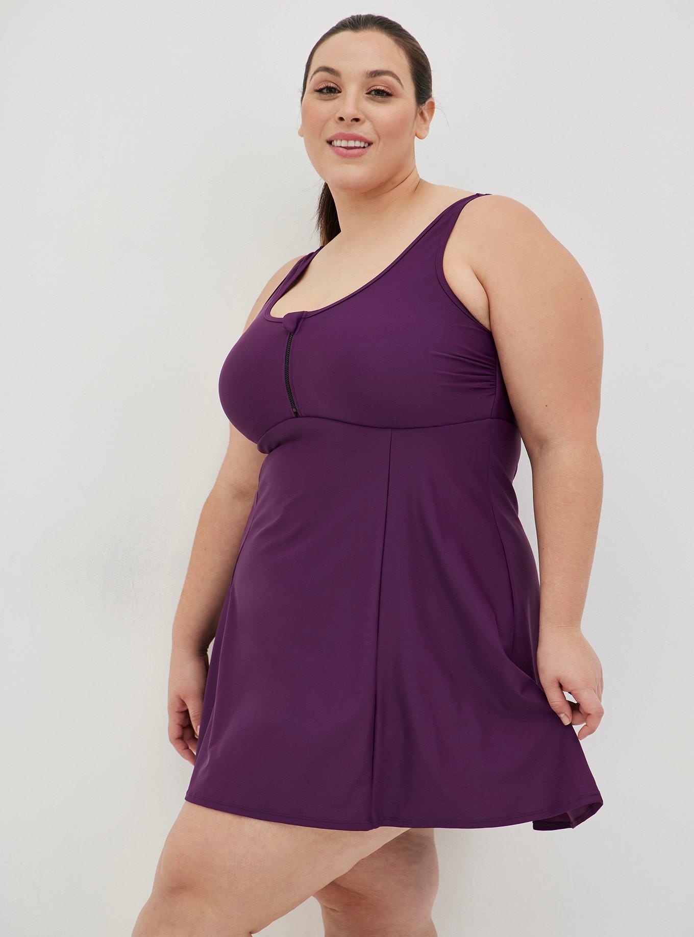 Plus Size Wireless Long Zip-Front Swim Dress With Short, PLUM PURPLE, alternate
