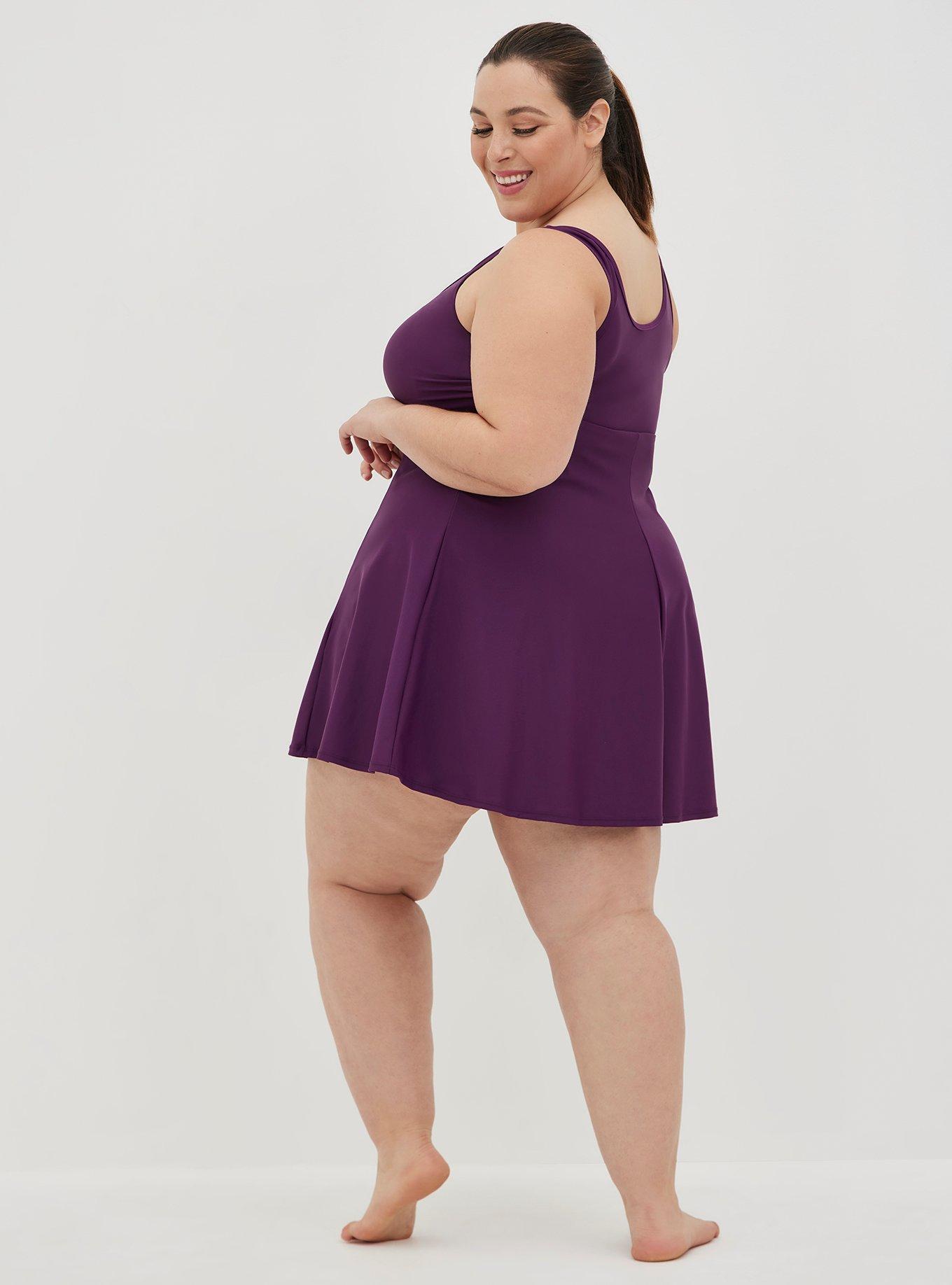 Plus Size Wireless Long Zip-Front Swim Dress With Short, PLUM PURPLE, alternate