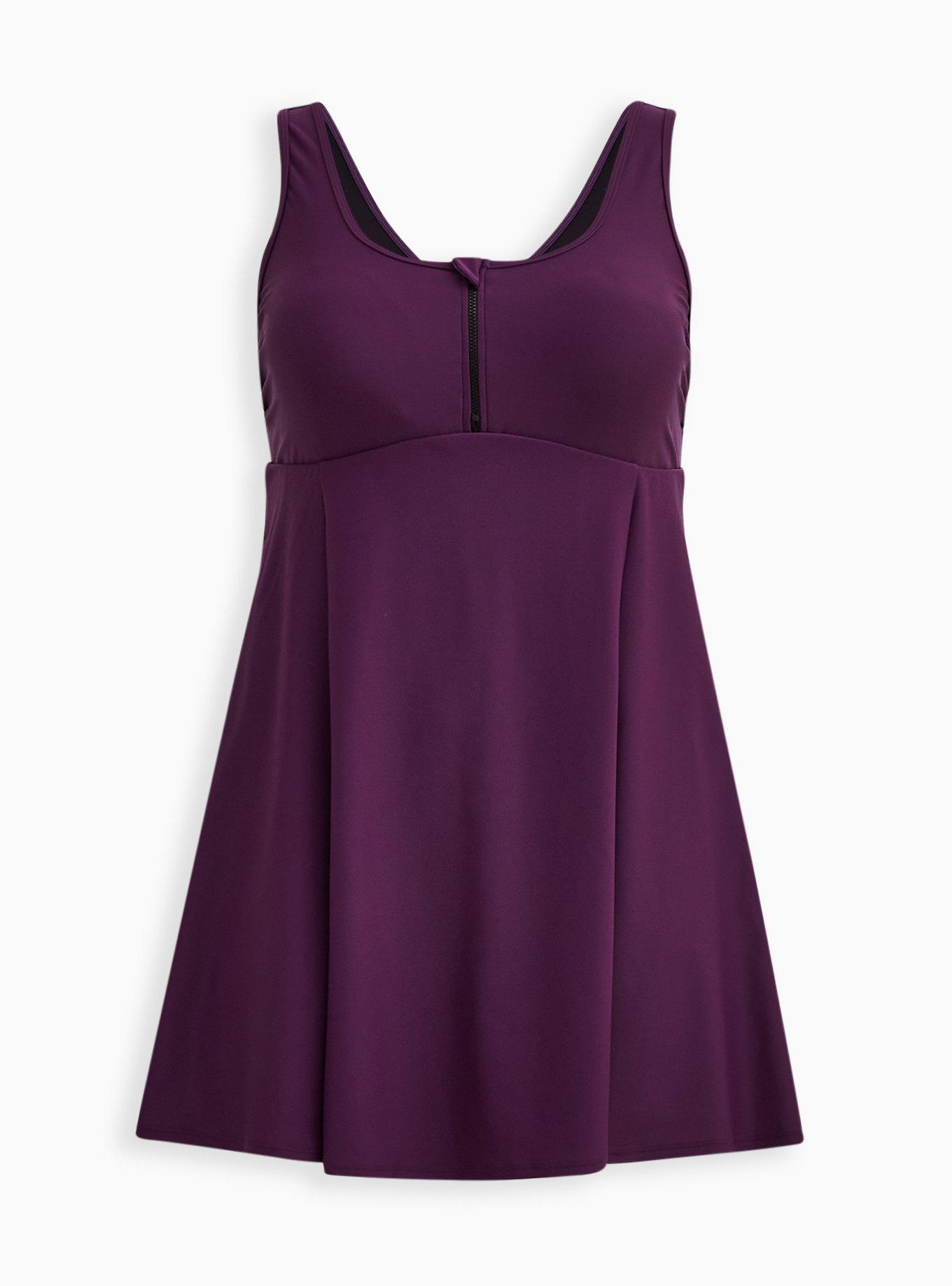 Plus Size Wireless Long Zip-Front Swim Dress With Short, PLUM PURPLE, hi-res