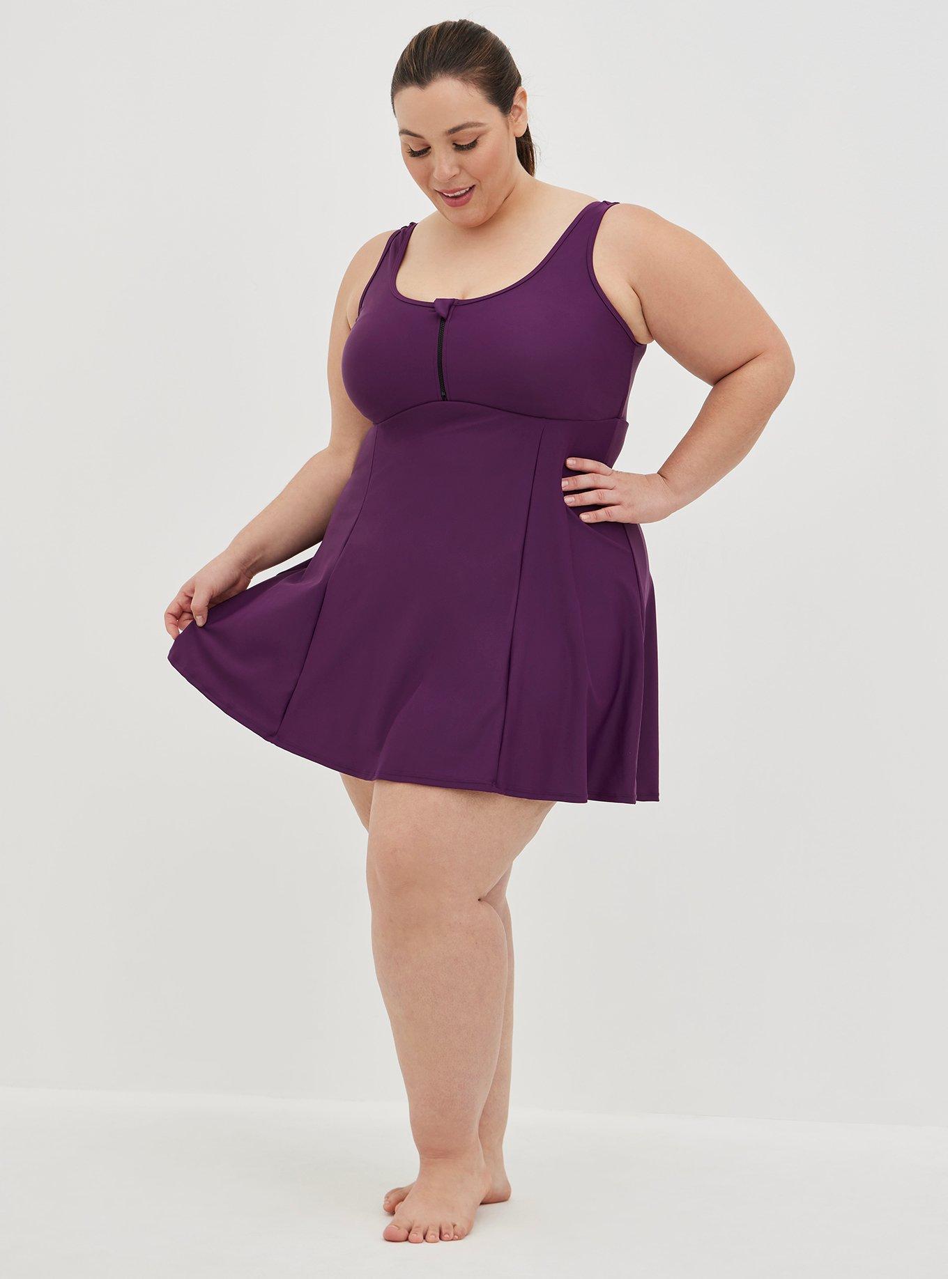 Plus Size Wireless Long Zip-Front Swim Dress With Short, PLUM PURPLE, hi-res