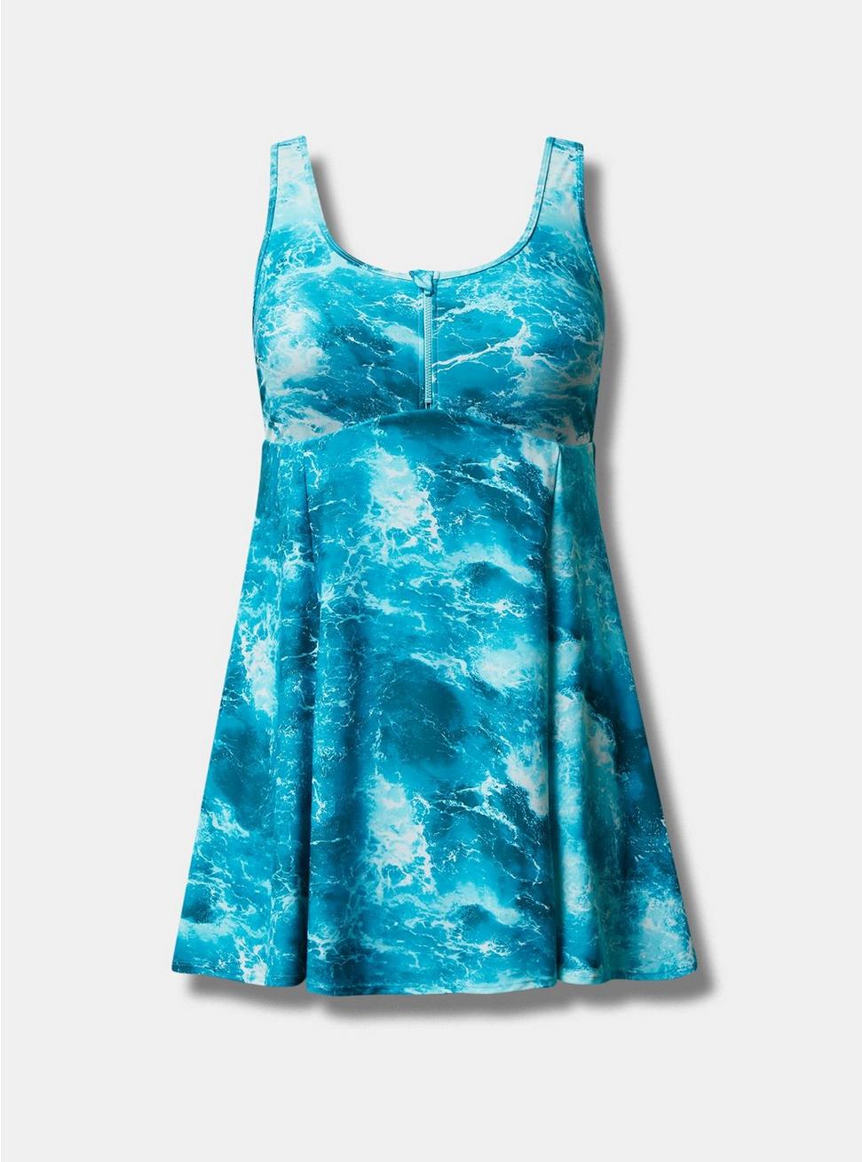 Wireless Long Zip-Front Swim Dress With Short, OCEAN WAVES, hi-res
