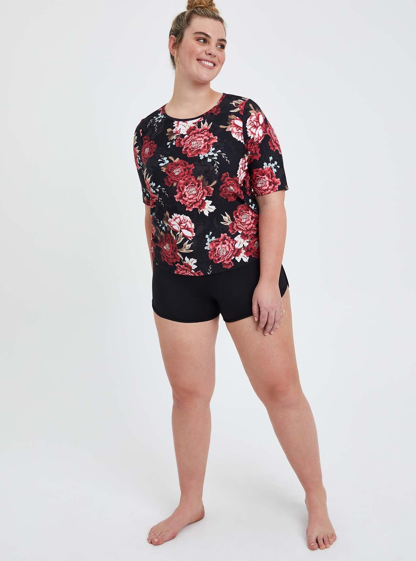 Plus Size Floral Elbow Sleeve Side Cinch Swim Shirt, FLORAL, alternate