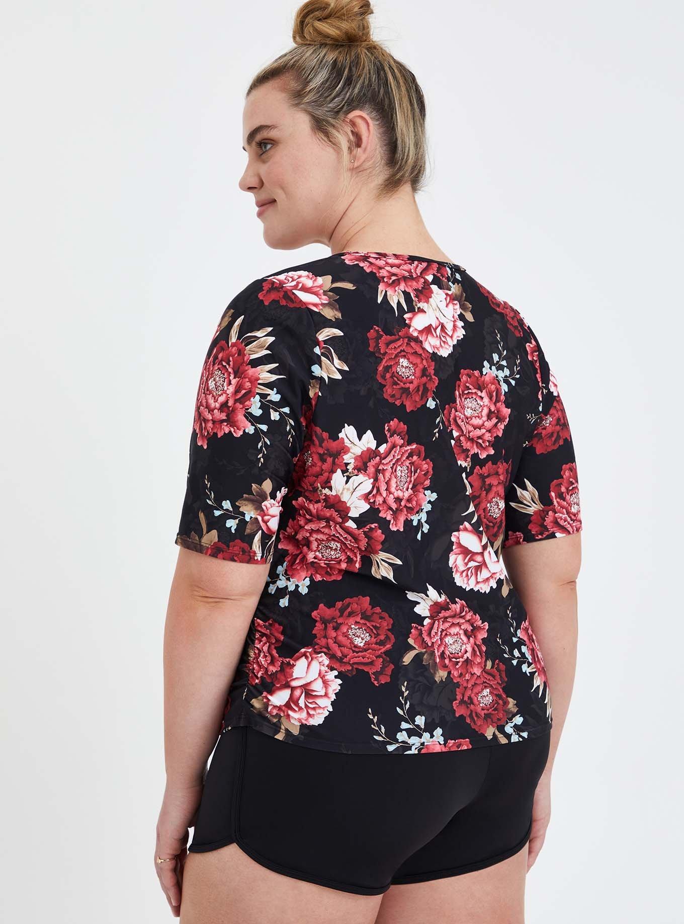 Plus Size Floral Elbow Sleeve Side Cinch Swim Shirt, FLORAL, alternate