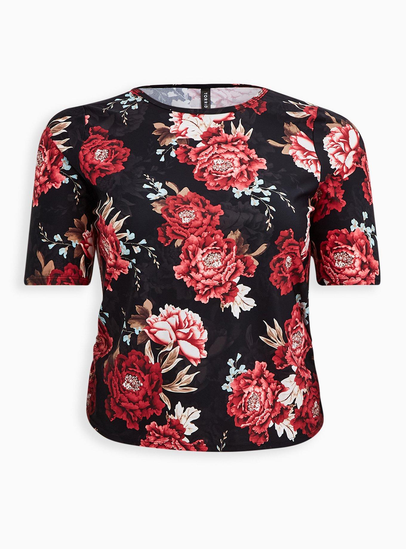 Plus Size Floral Elbow Sleeve Side Cinch Swim Shirt, FLORAL, hi-res