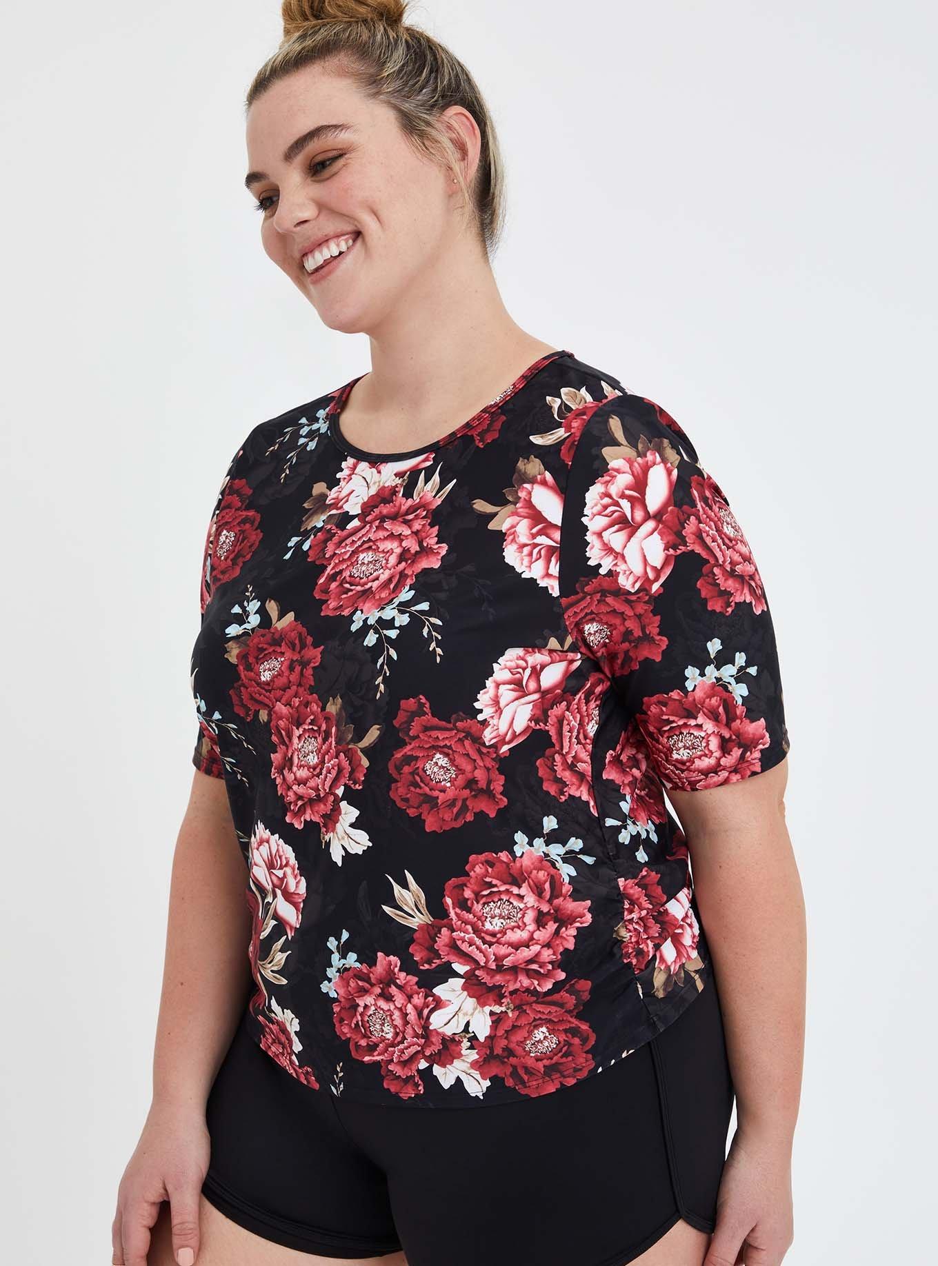 Plus Size Floral Elbow Sleeve Side Cinch Swim Shirt, FLORAL, hi-res