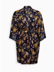 Blue Floral Satin & Lace Trim Self Tie Long Robe, MELINDA FLORAL, hi-res