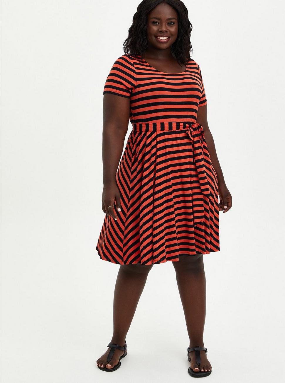 Plus Size - Super Soft Rust & Black Stripe Tie-Waist Skater Dress