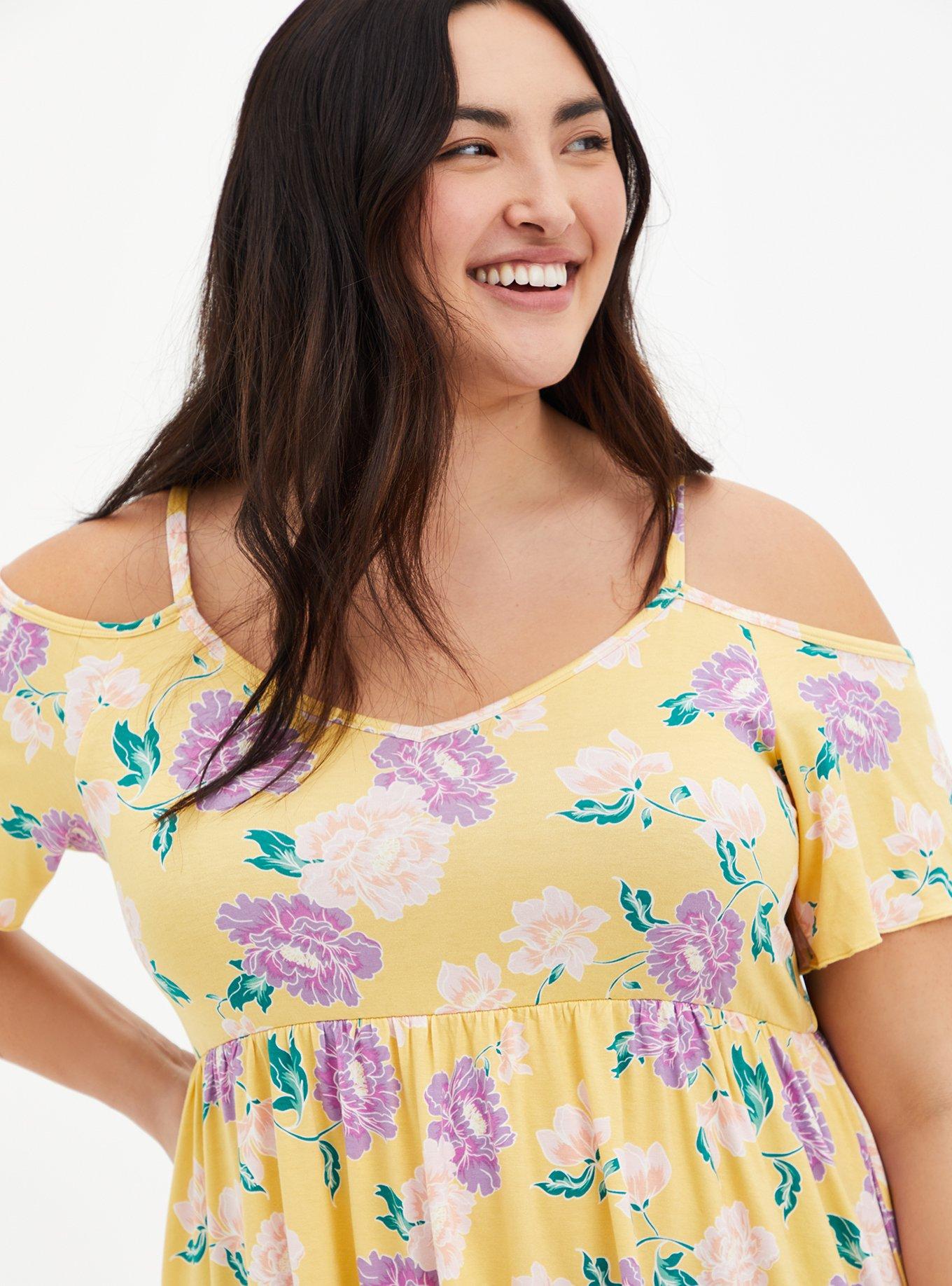 Yellow floral cold shoulder top top