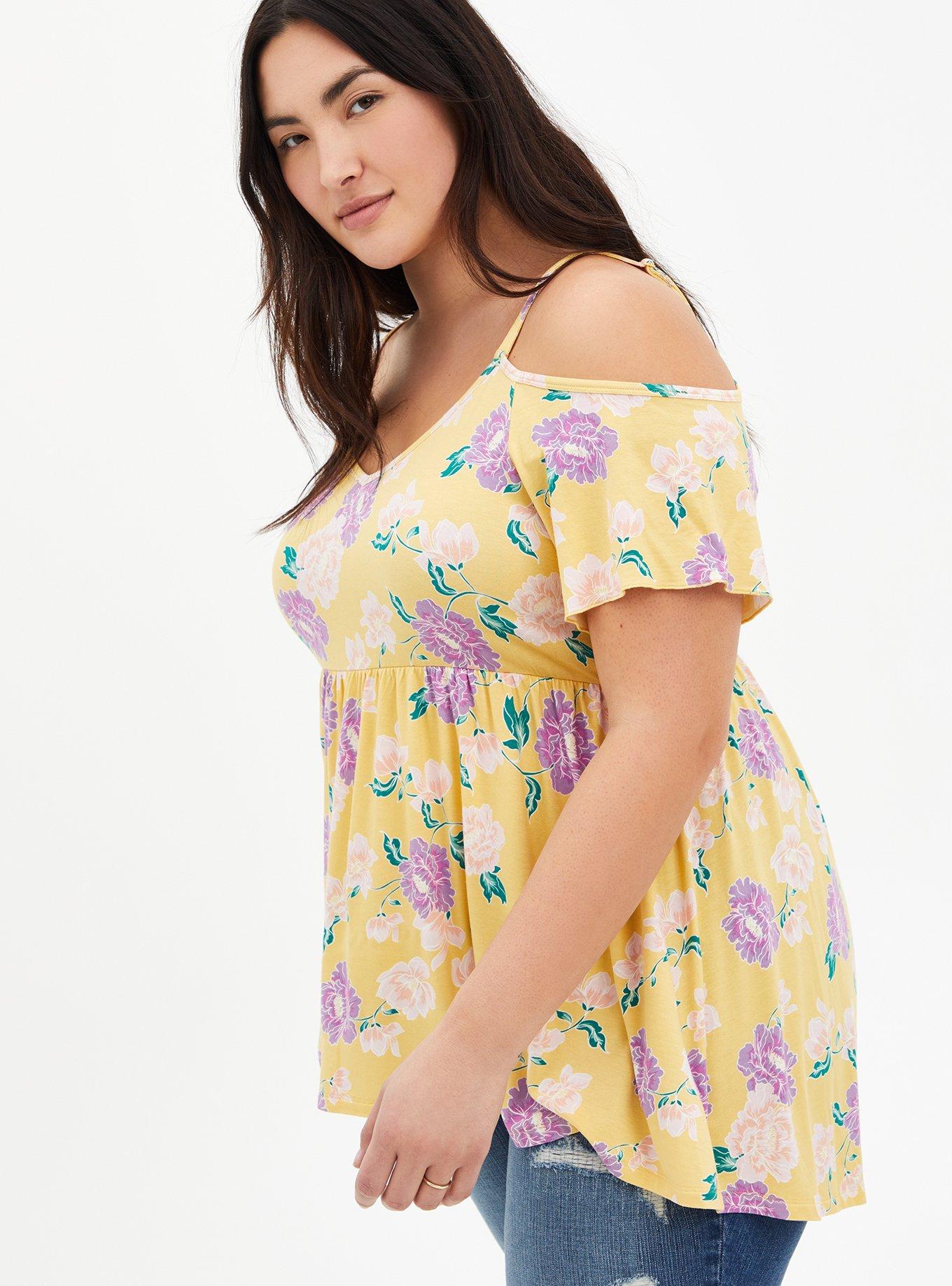Yellow floral cold shoulder top top