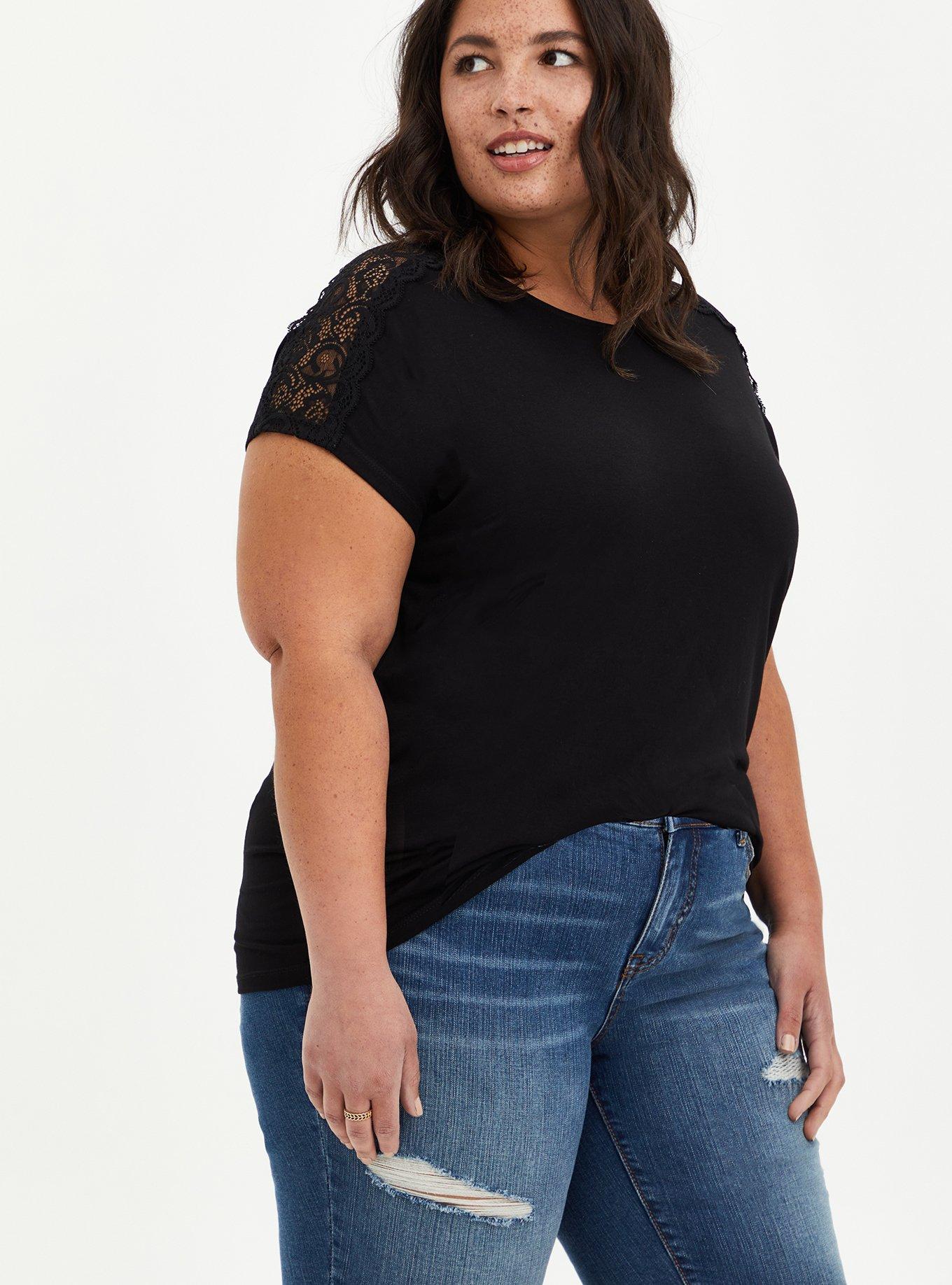 Plus Size - Relaxed Super Soft Crew Neck Lace Inset Dolman Tee - Torrid