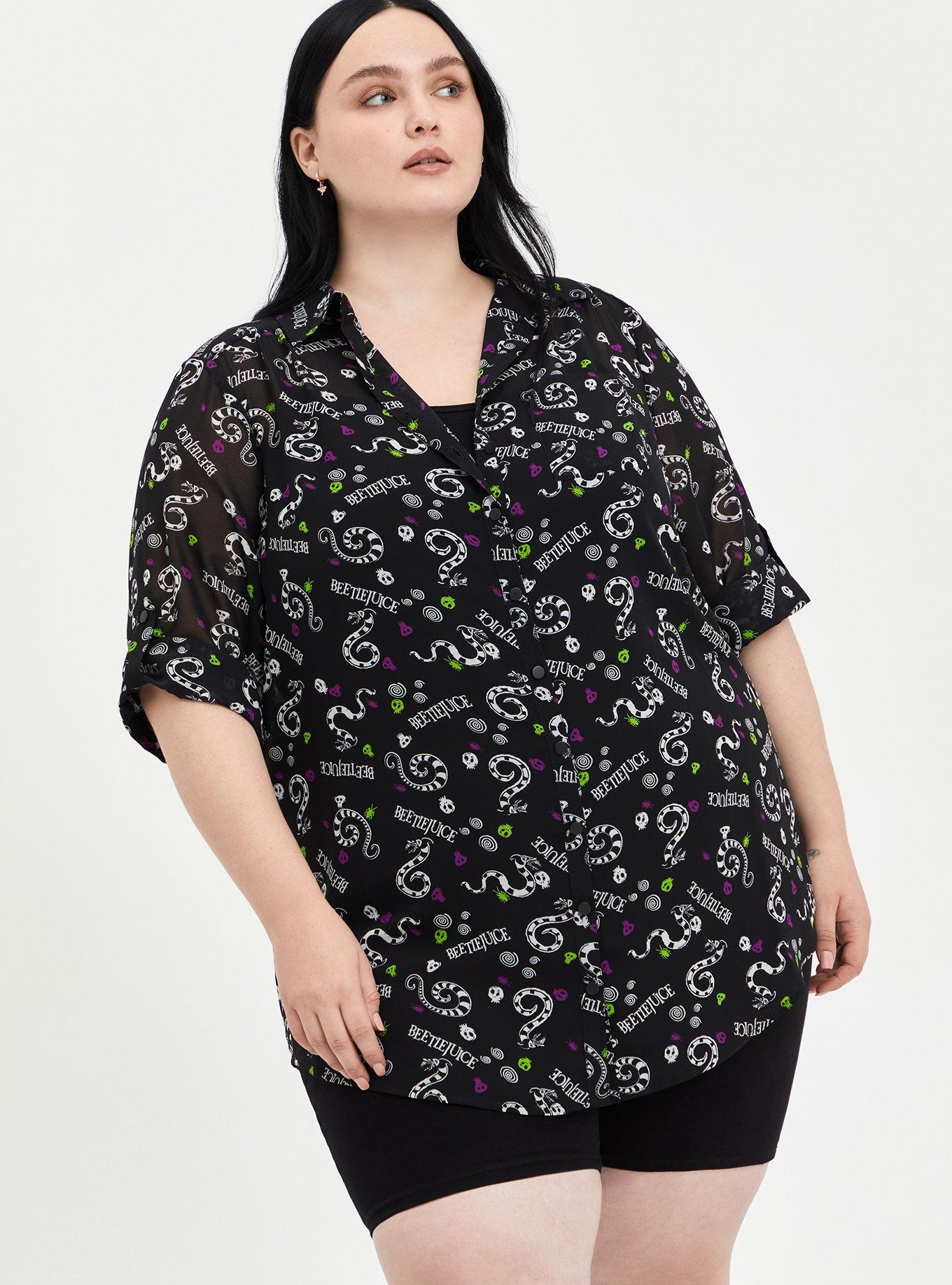 Plus Size Beetlejuice Sandworm Button Down Tunic Chiffon Black