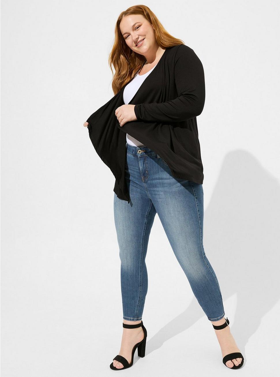 Plus Size Super Soft Cardigan Drape Front, BLACK, hi-res