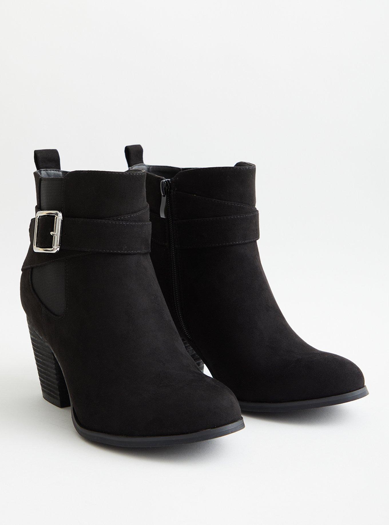 Brown Faux Leather Buckle Heel Bootie (WW), BLACK, hi-res