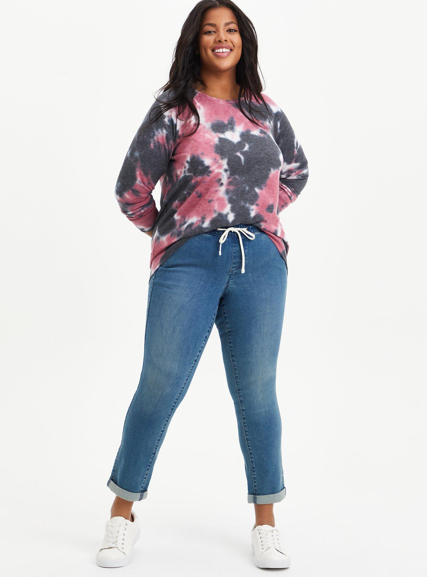 Plus Size Lt Weight French Terry Crew Neck Raglan Sweatshirt, BLACK TIE DYE, alternate