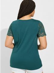Plus Size Classic Fit Cotton-Blend V-Neck Lace Sleeve Tee, DEEP TEAL, alternate