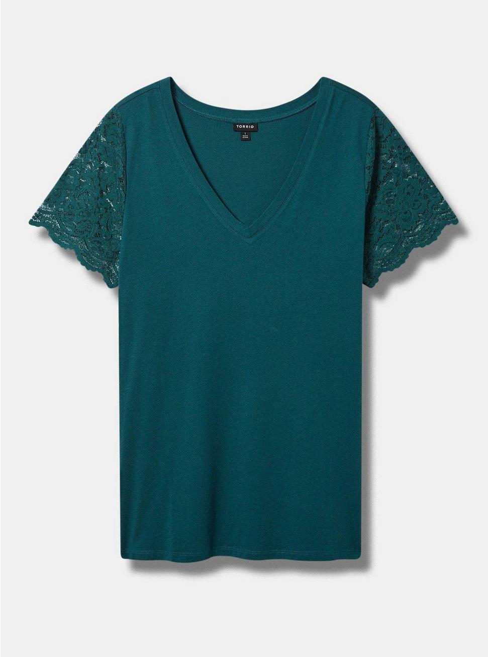 Plus Size Classic Fit Cotton-Blend V-Neck Lace Sleeve Tee, DEEP TEAL, hi-res