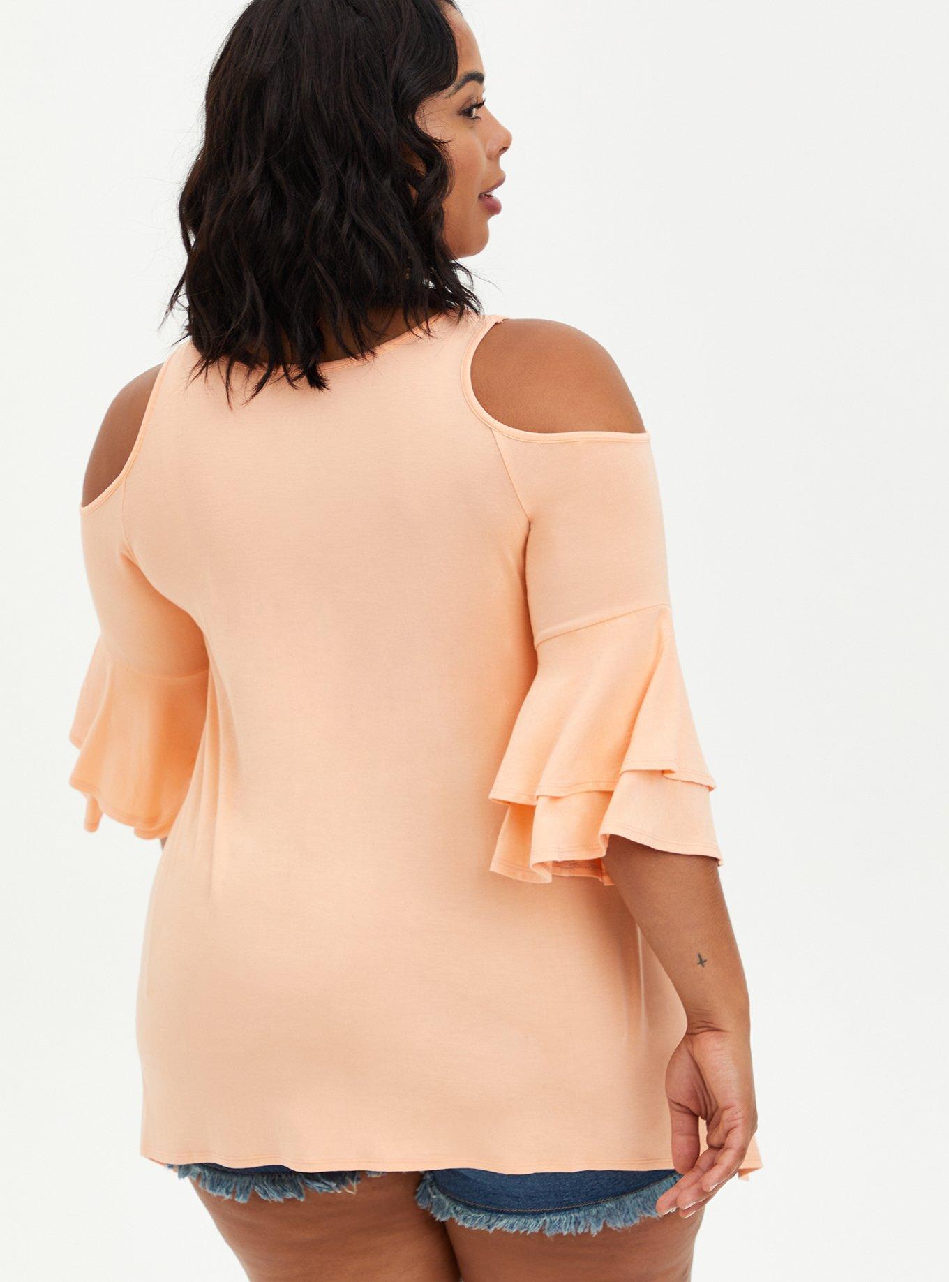 Plus Size Super Soft Scoop Neck Strappy Cold Shoulder Sharkbite Hem Top, PEACH, alternate
