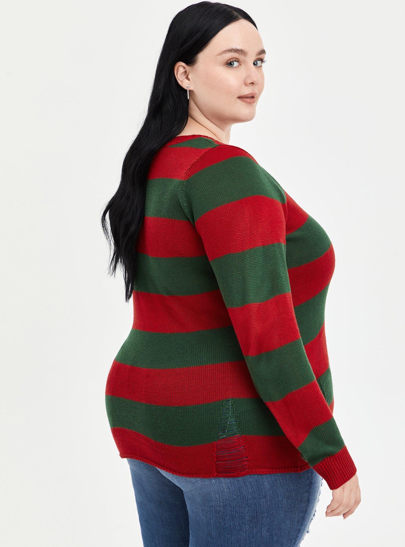 Warner Bros. A Nightmare On Elm Street Destructed Sweater - Freddy Krueger Stripes Red & Green
