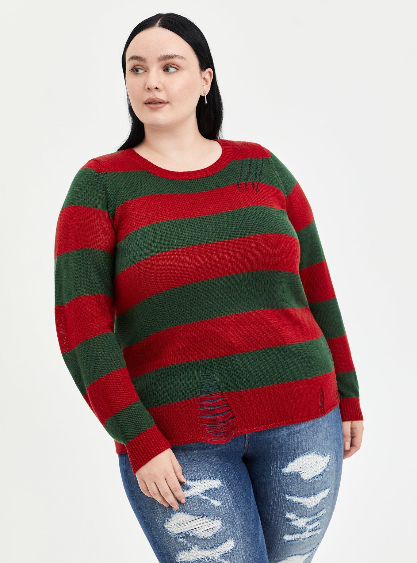 Plus Size - Warner Bros. A Nightmare On Elm Street Destructed Sweater -  Freddy Krueger Stripes Red & Green - Torrid