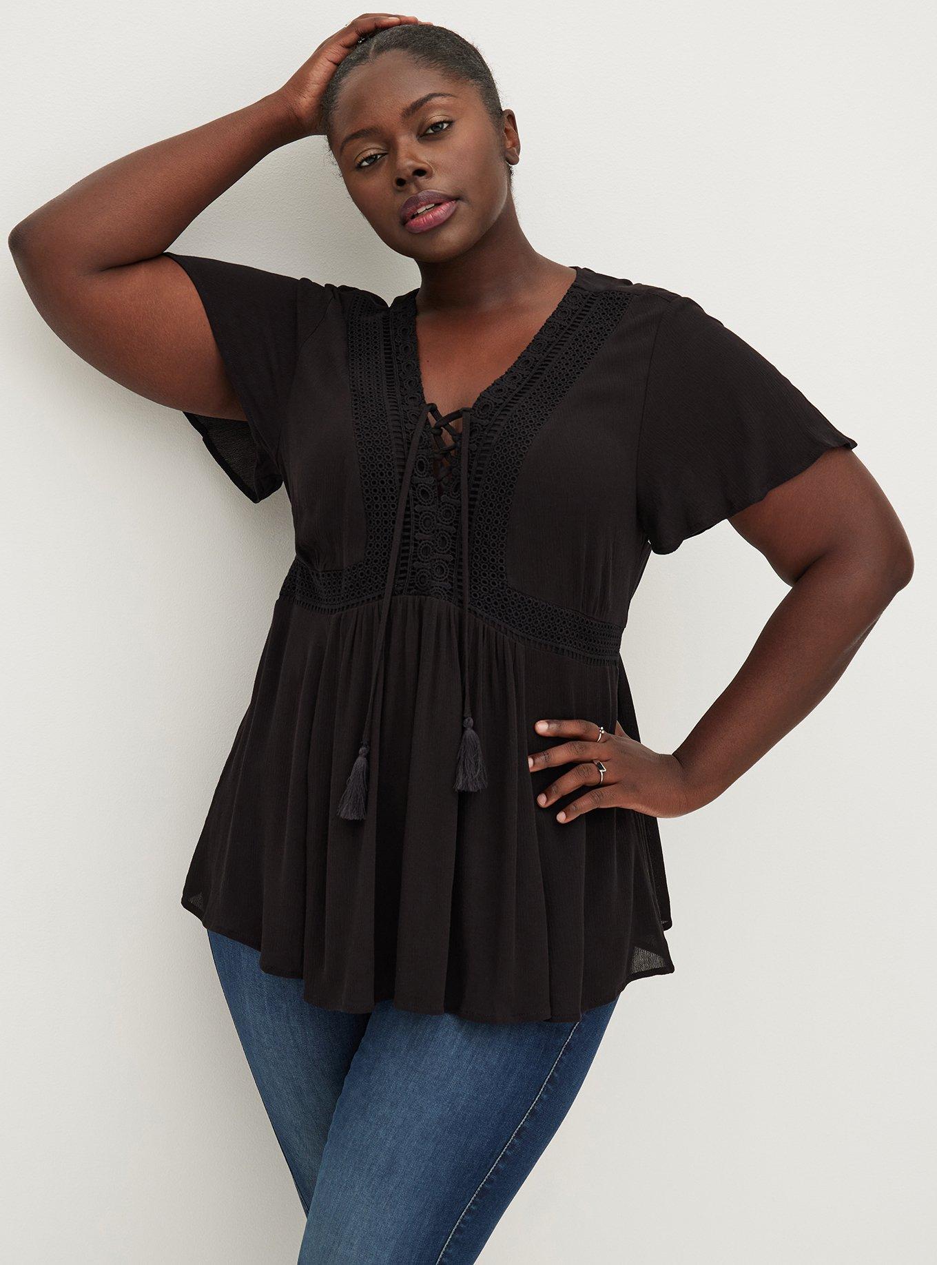 Plus Size - Black Lace Button-Up Babydoll Top - Torrid