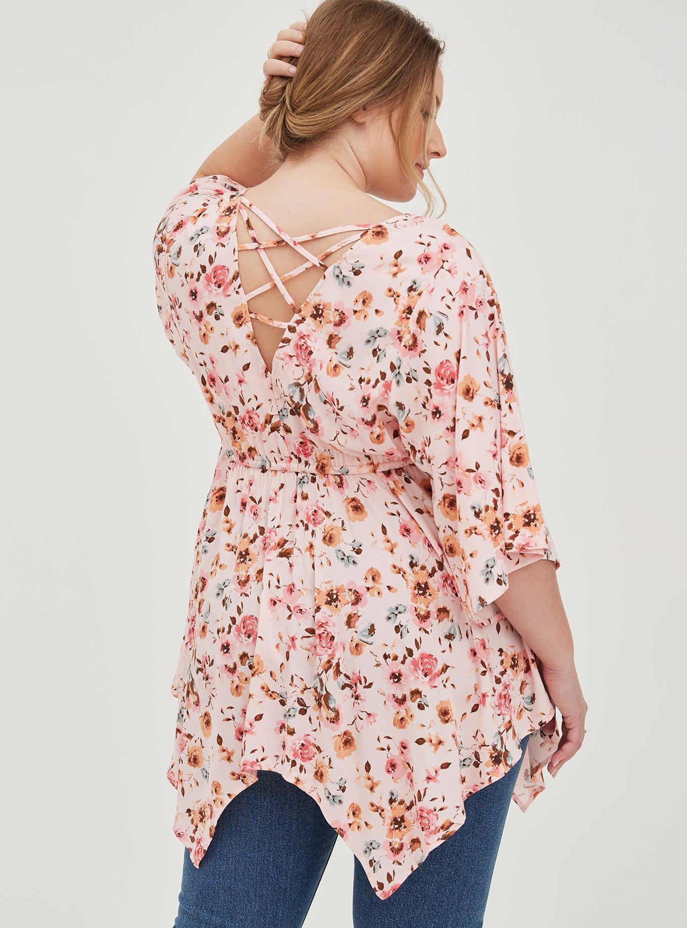 Plus Size Babydoll Tunic - Stretch Challis Medallion Black, DUSTY ROSE FLORAL, alternate