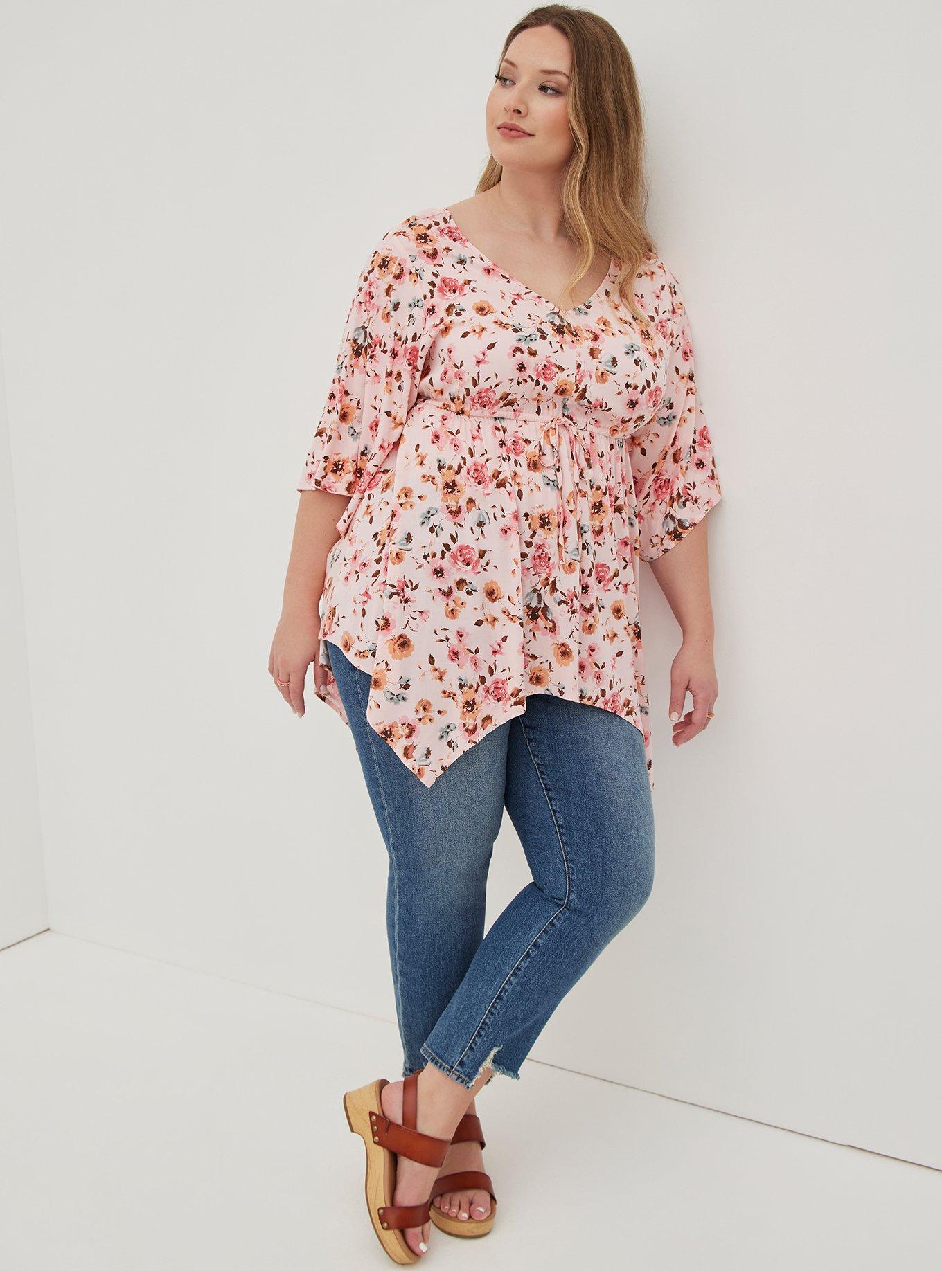 Plus Size Babydoll Tunic - Stretch Challis Medallion Black, DUSTY ROSE FLORAL, alternate