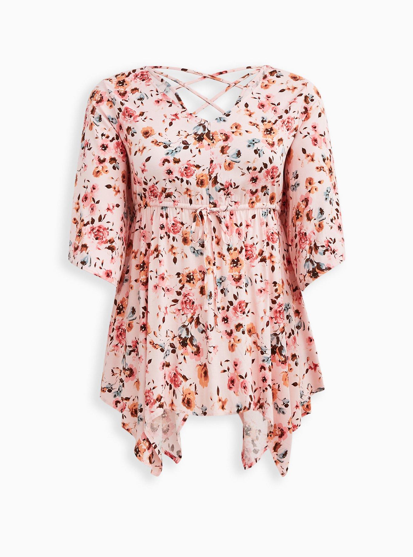 Plus Size Babydoll Tunic - Stretch Challis Medallion Black, DUSTY ROSE FLORAL, hi-res