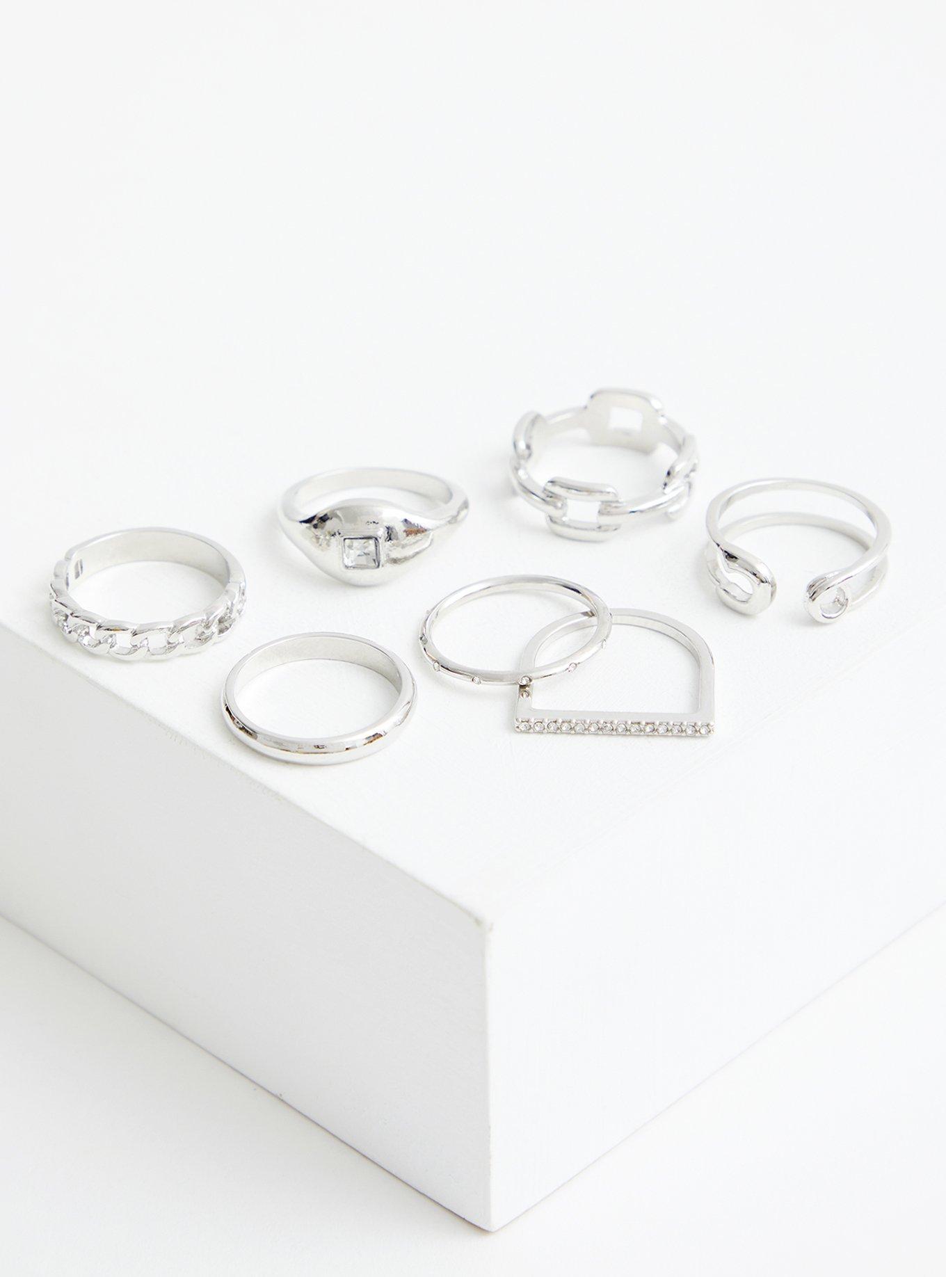 Plus Size Link Signet Ring Set of 7 - Silver Tone , SILVER, alternate