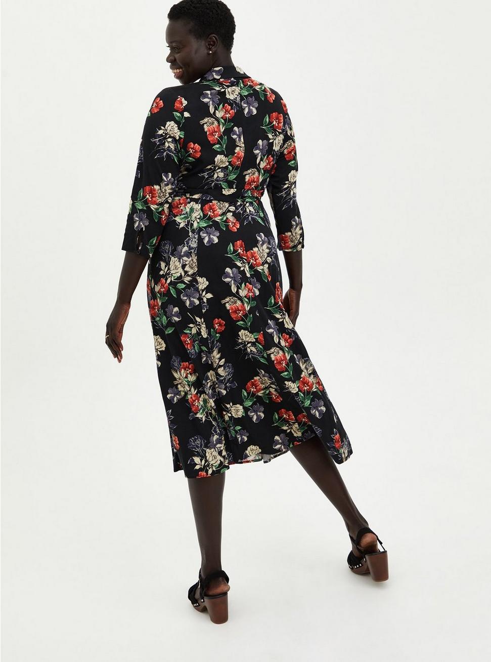 Plus Size - Tea Length Shirt Dress - Challis Black Floral - Torrid