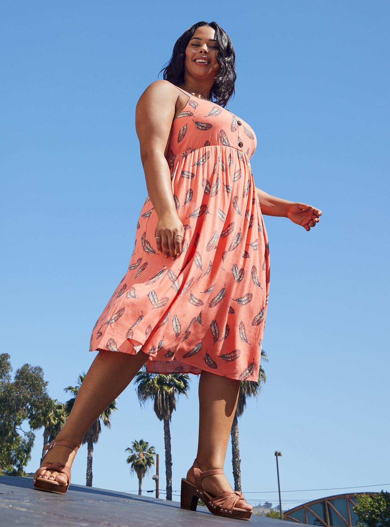 Plus Size Cross Hatch Pinafore Midi Dress Feather Coral Torrid