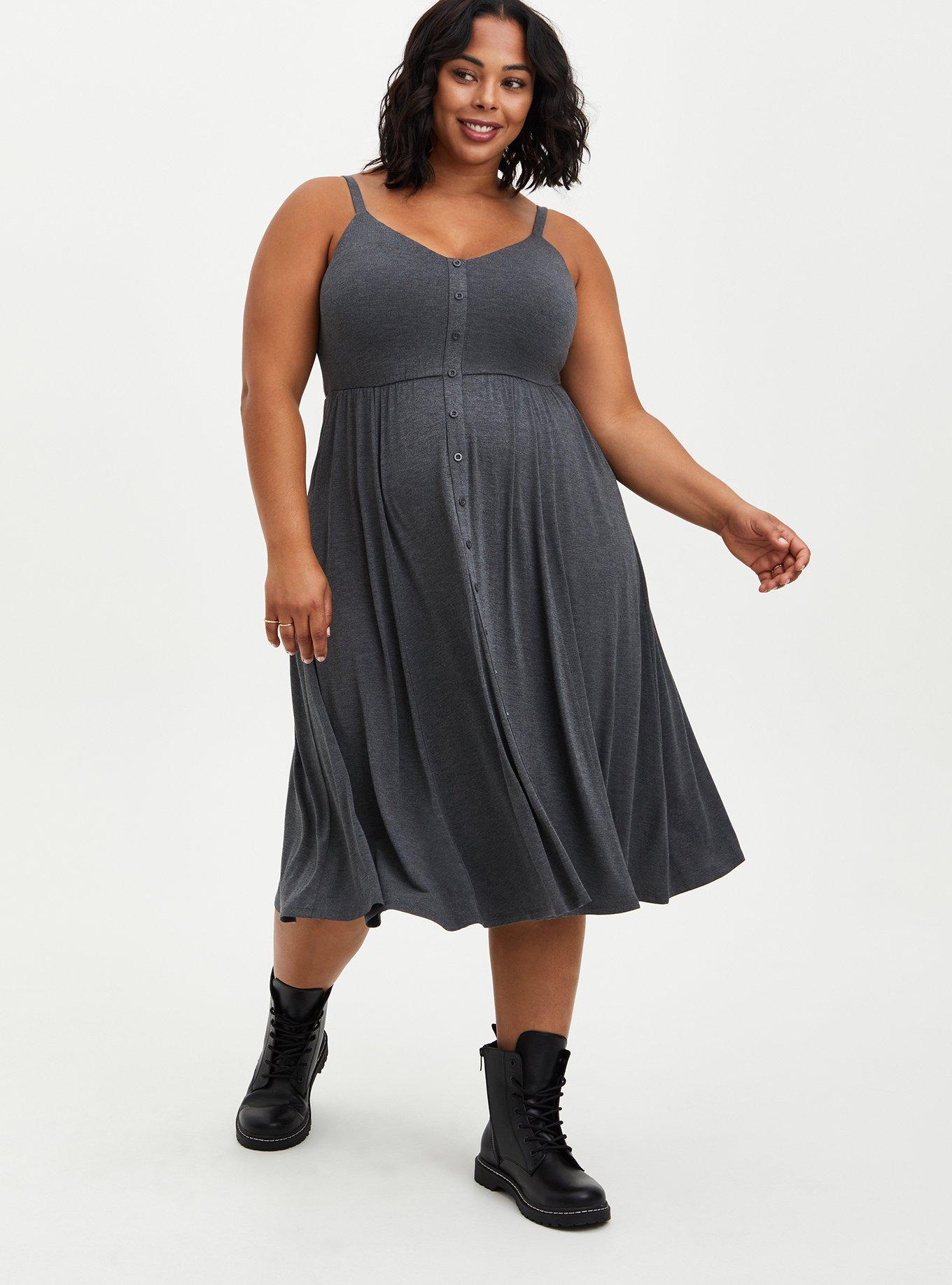 Plus Size - Button Front Skater Midi Dress - Super Soft Heather Grey -  Torrid