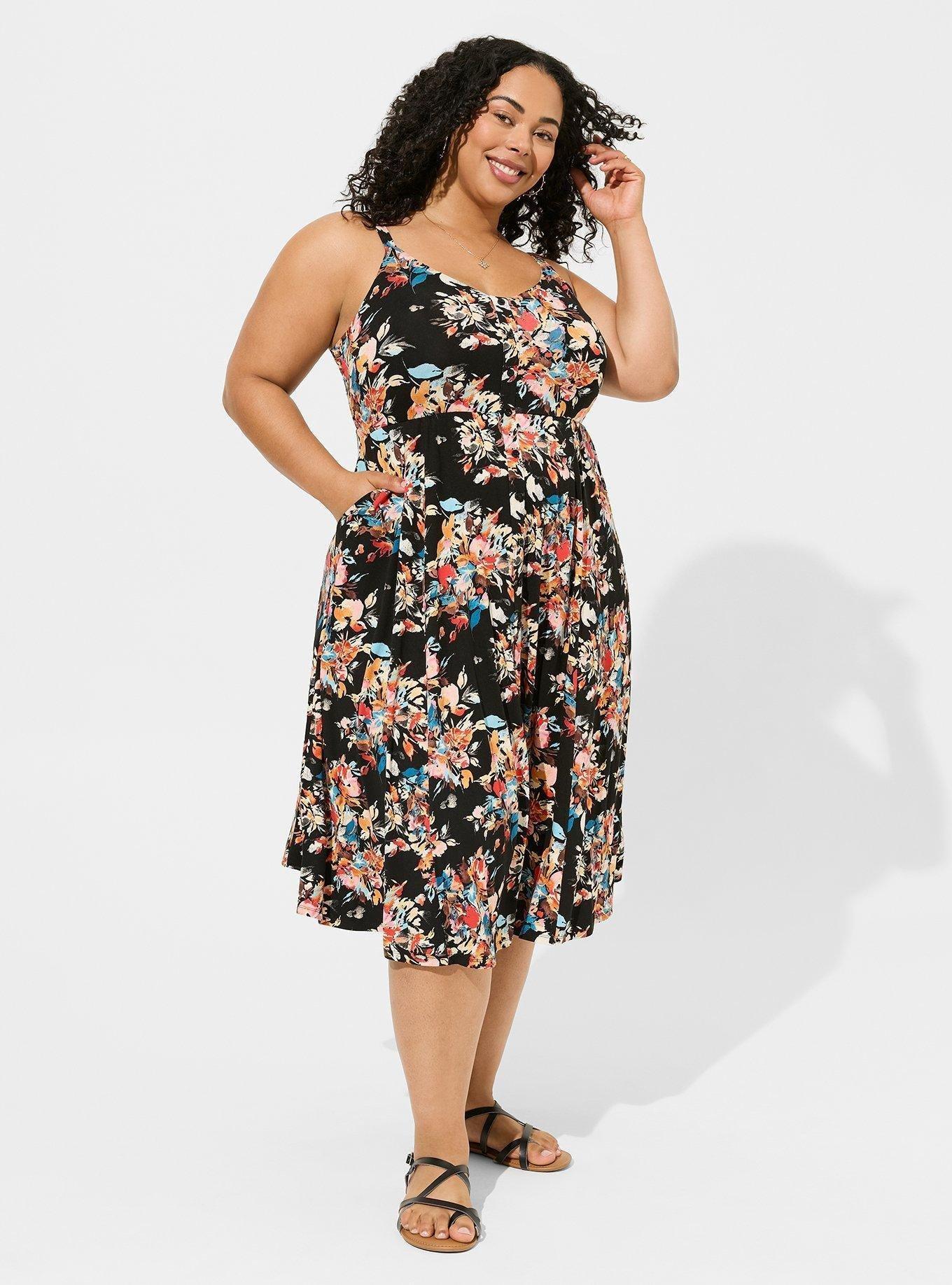 TORRID BUTTON FRONT SKATER MIDI DRESS - SUPER SOFT FEATHER buy BLACK