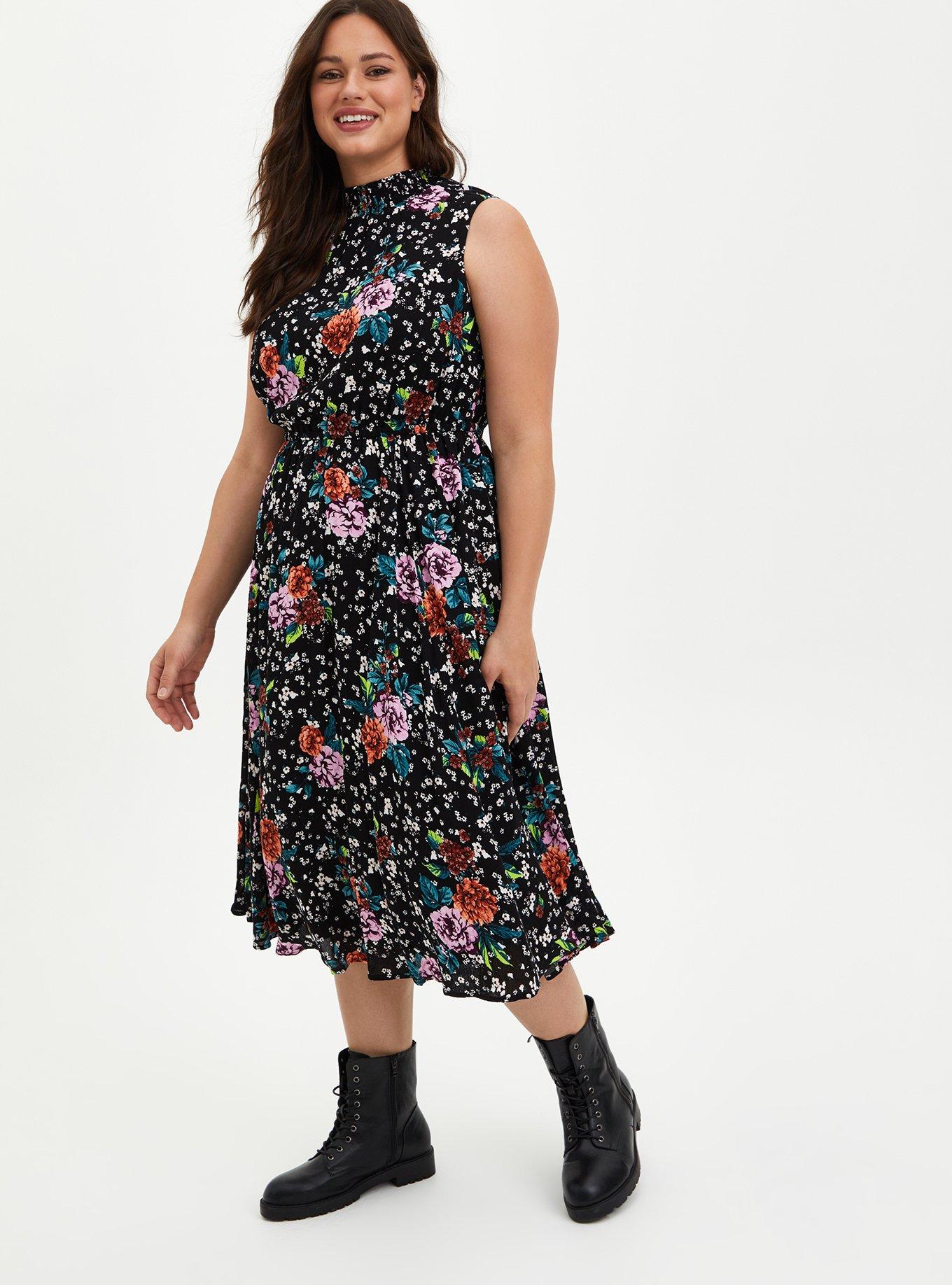 Plus Size Mock Neck Skater Midi Dress - Gauze Floral Black , BLACK FLORAL, hi-res