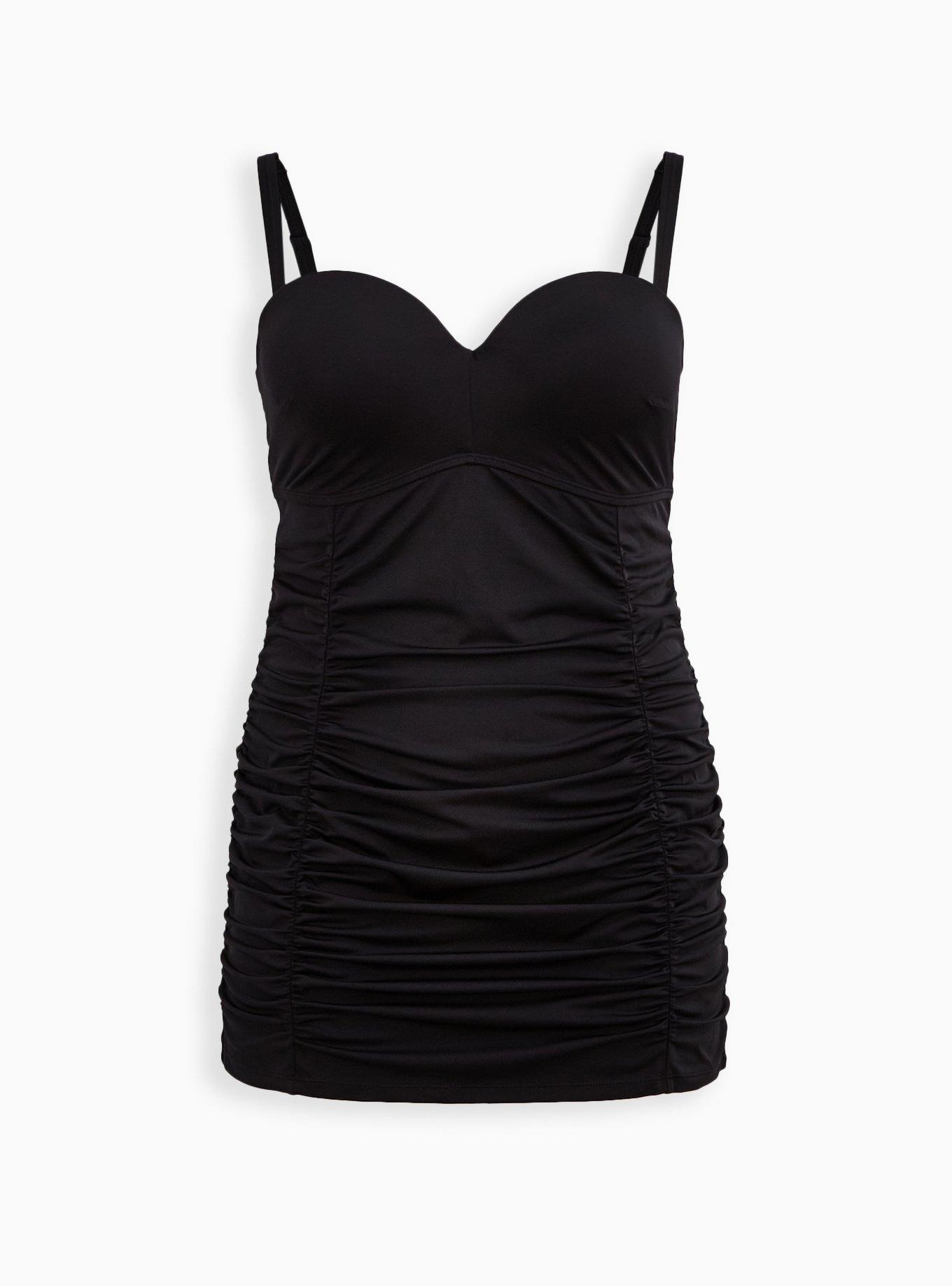 Ruched Retro Mid-Length Swim Dress - Black, , hi-res