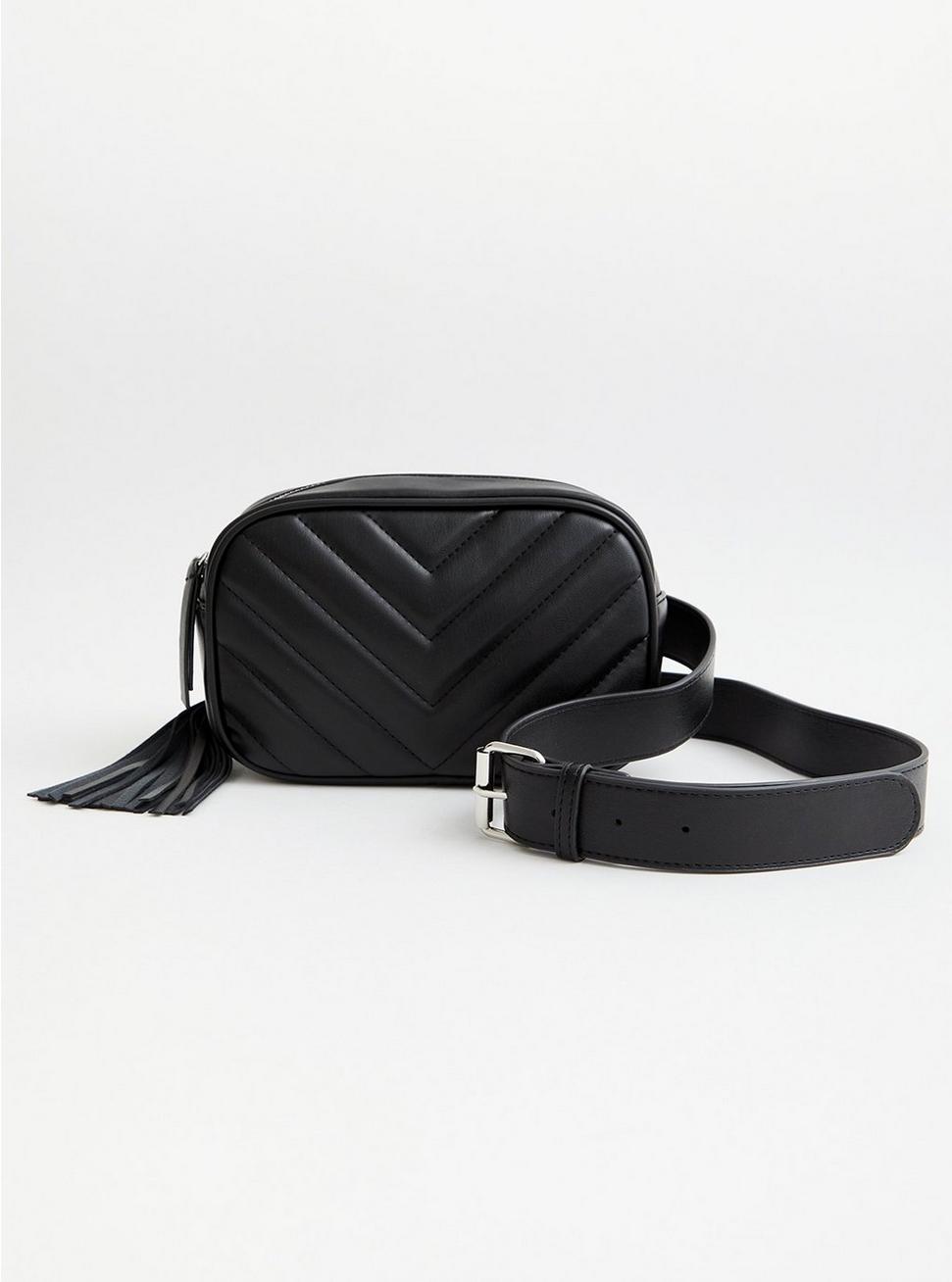 Black Quilted Belt Bag , BLACK, hi-res