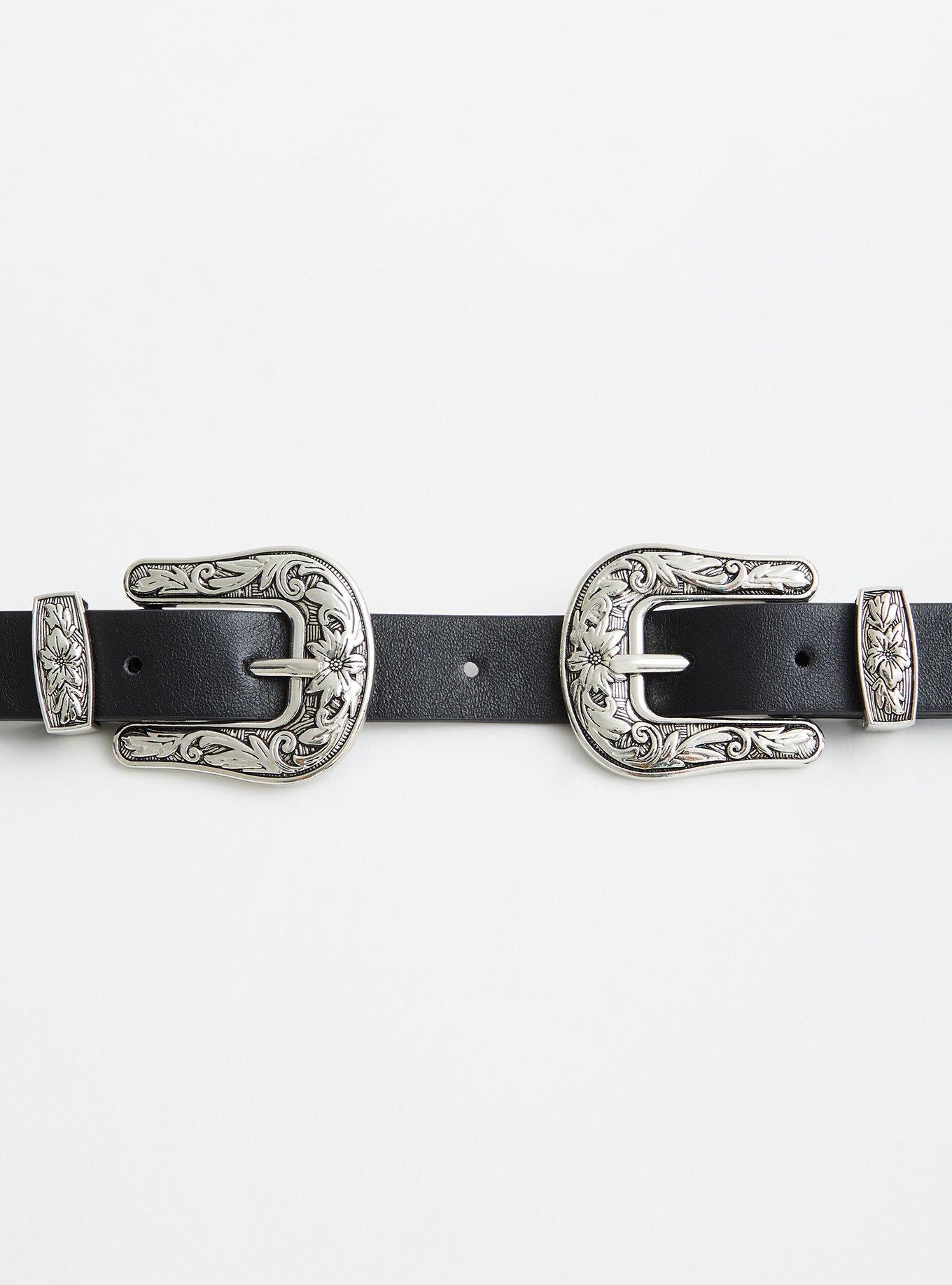 Black Faux Leather Double Western Belt, BLACK, alternate