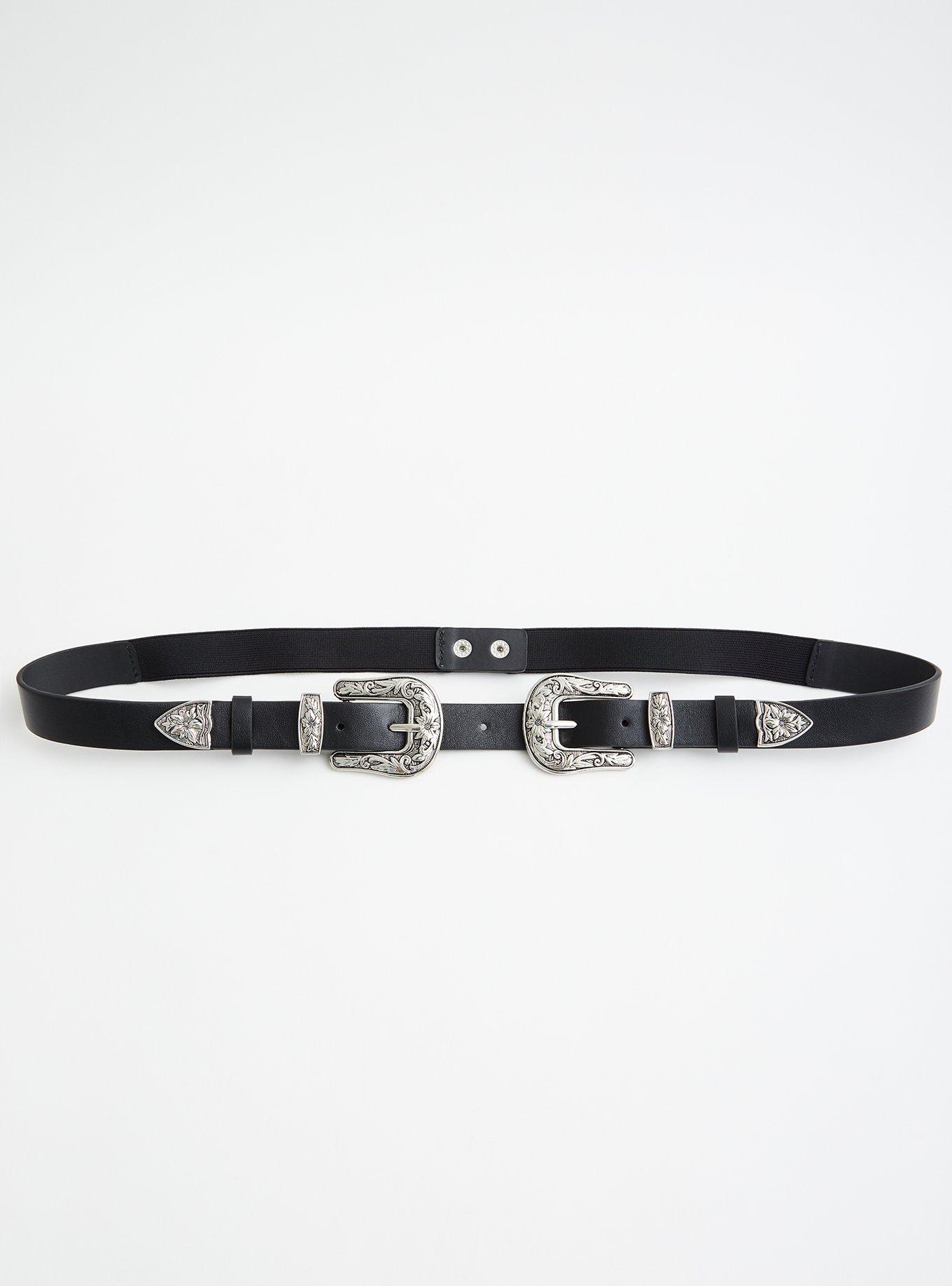 Black Faux Leather Double Western Belt, BLACK, hi-res
