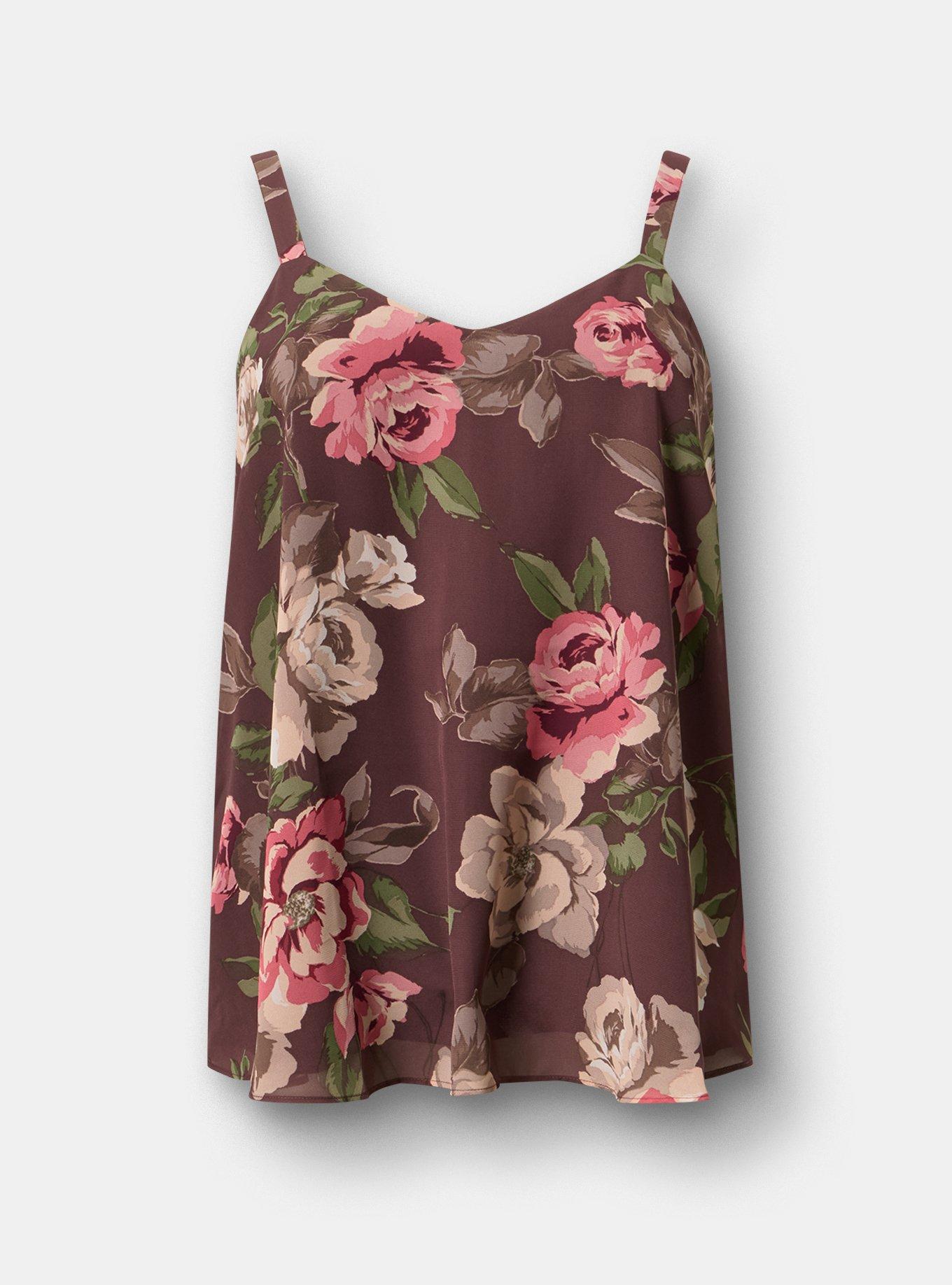 Plus Size Sophie Chiffon Swing Cami, PAINTED PEONY FLORAL BROWN, flat