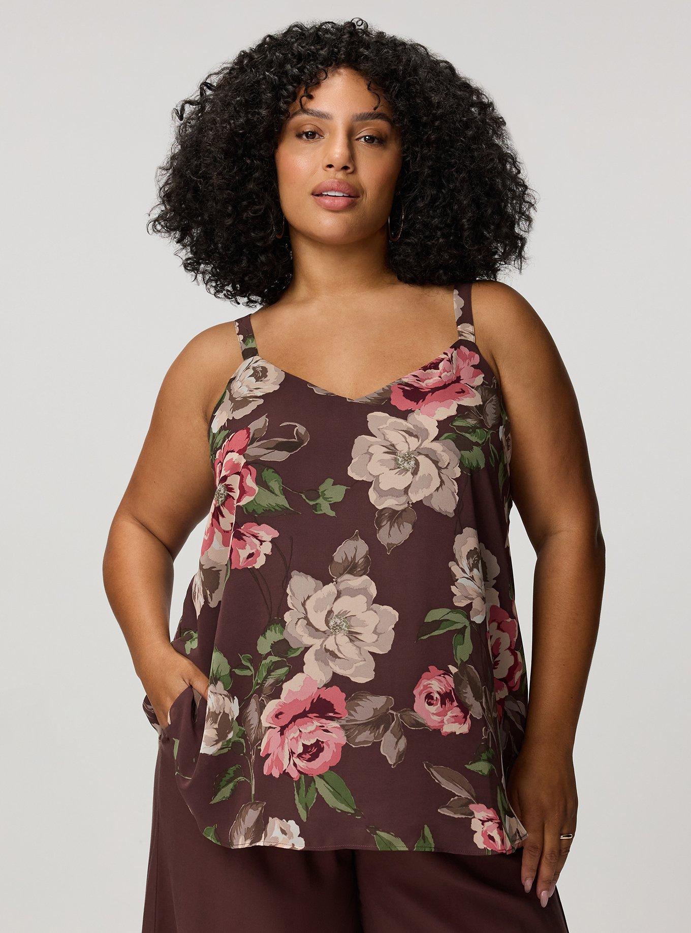 Plus Size Sophie Chiffon Swing Cami, PAINTED PEONY FLORAL BROWN, hi-res